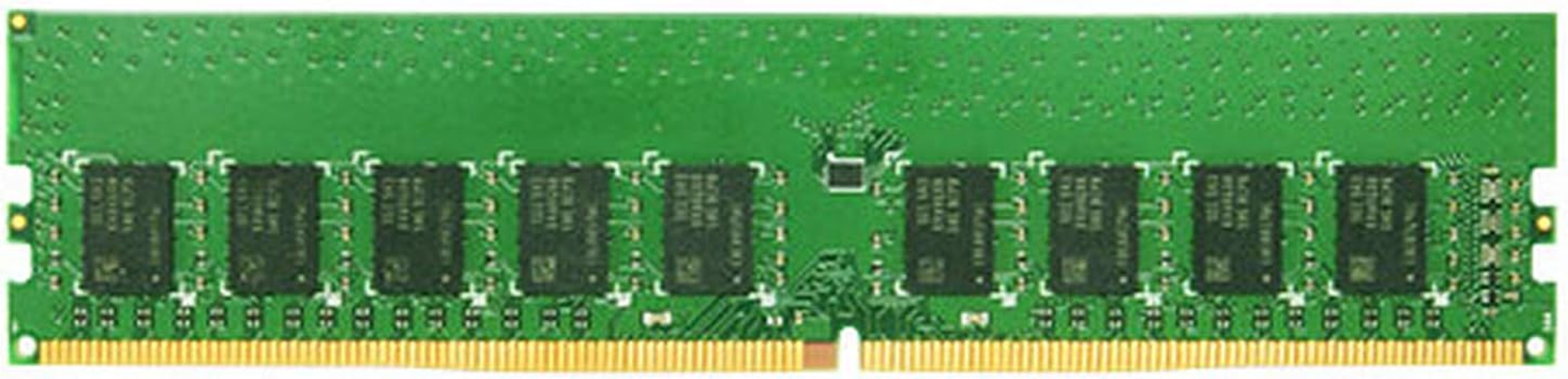 Pojedynczy zielony moduł RAM ze złotymi złączami, pokazujący różne chipy na swojej powierzchni.