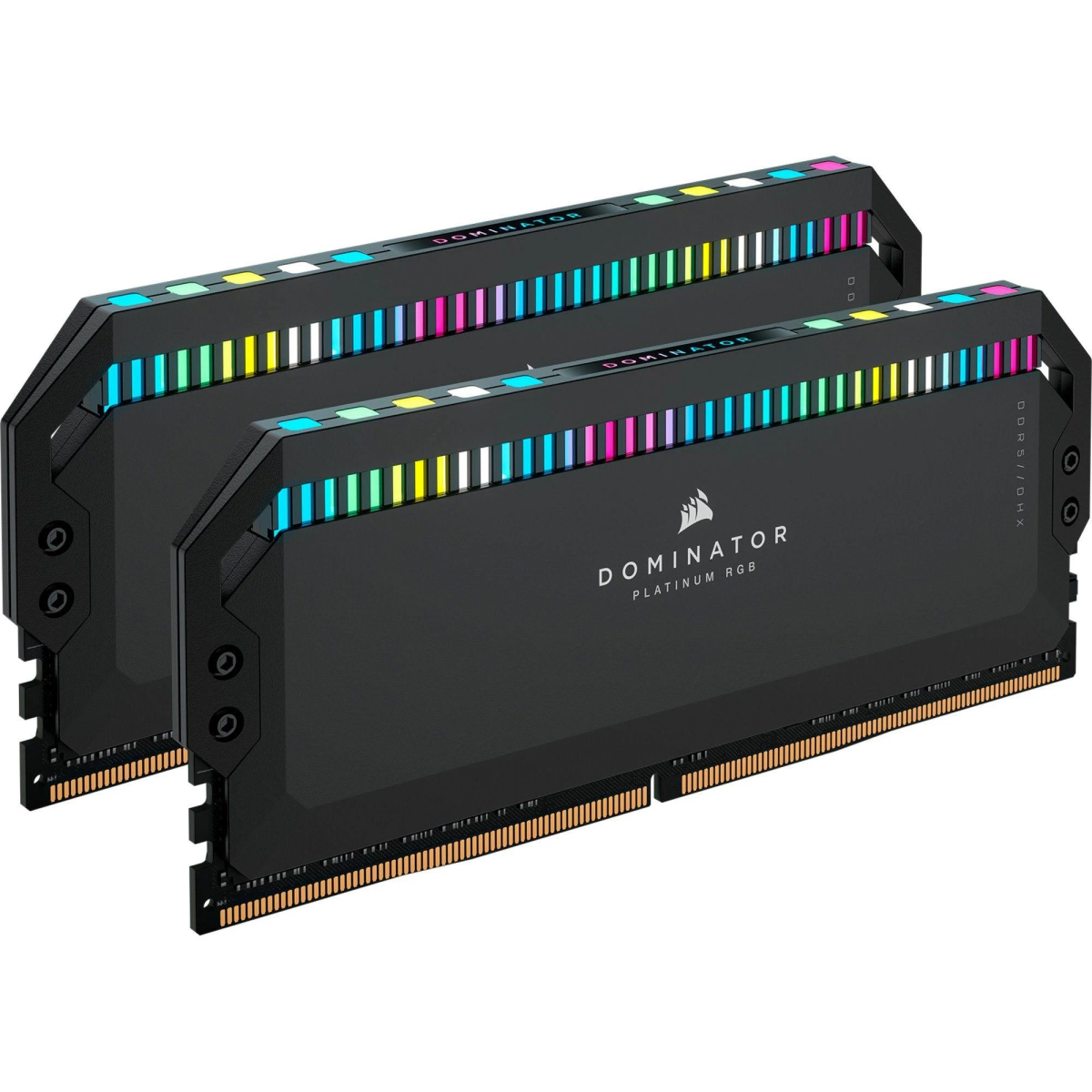 Dwa czarne moduły RAM Corsair Dominator z wielokolorowymi światłami RGB.