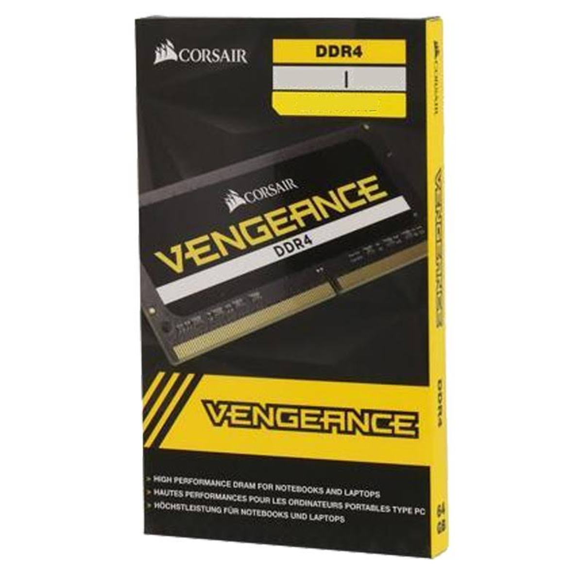 Pudełko pamięci RAM Corsair Vengeance DDR4. Pudełko jest czarne i żółte.