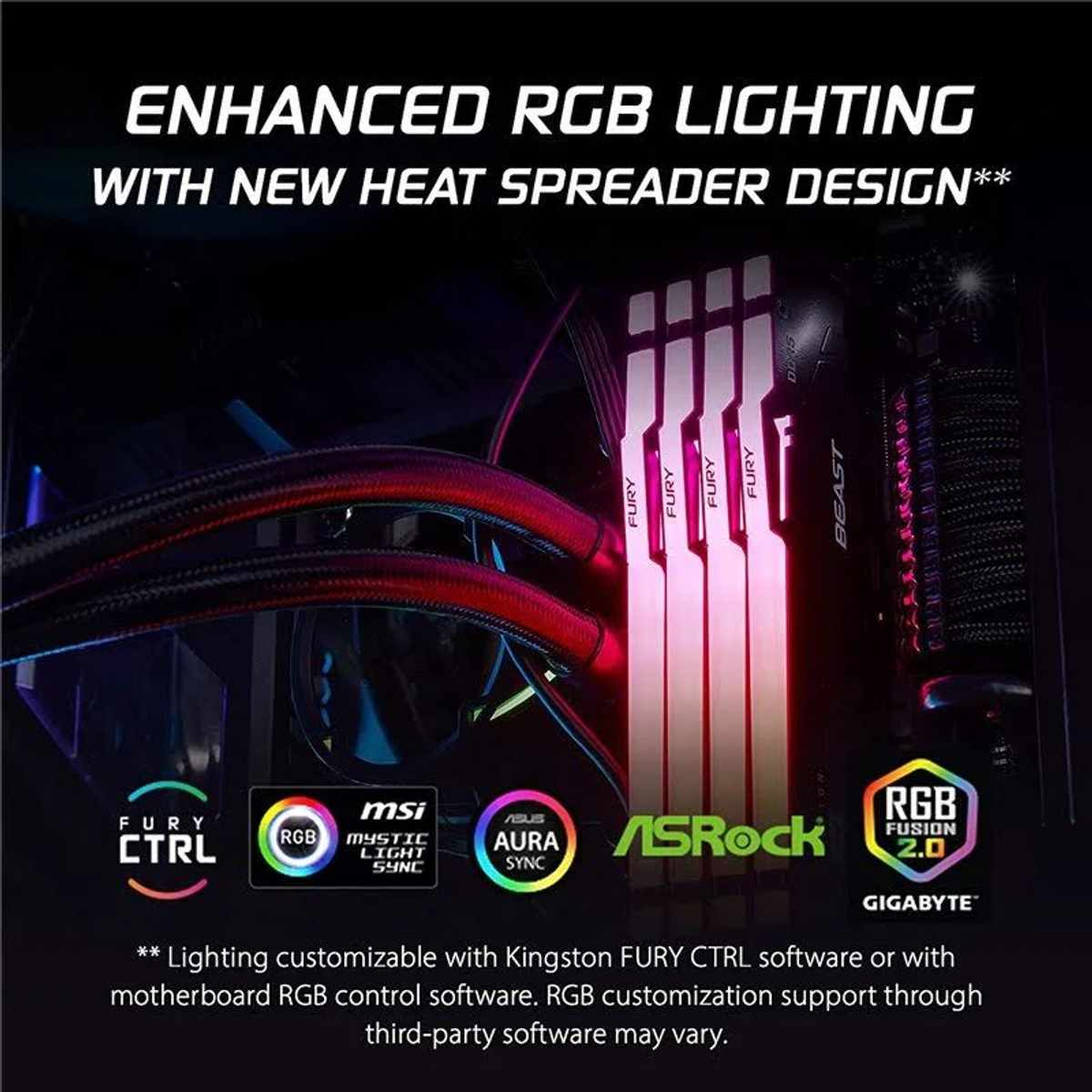 Obraz pokazuje komponent komputera z oświetleniem RGB. Tekst mówi 'Enhanced RGB Lighting'. Widoczne loga Fury, MSI, Asus, ASRock i Gigabyte.