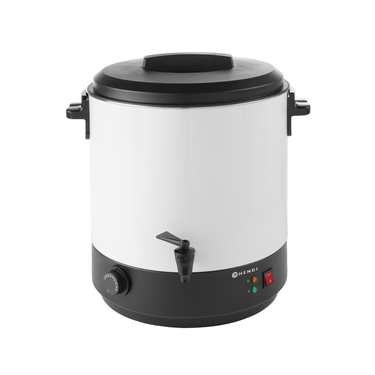 Bollitore elettrico bianco e nero con rubinetto, comandi e coperchio nero.