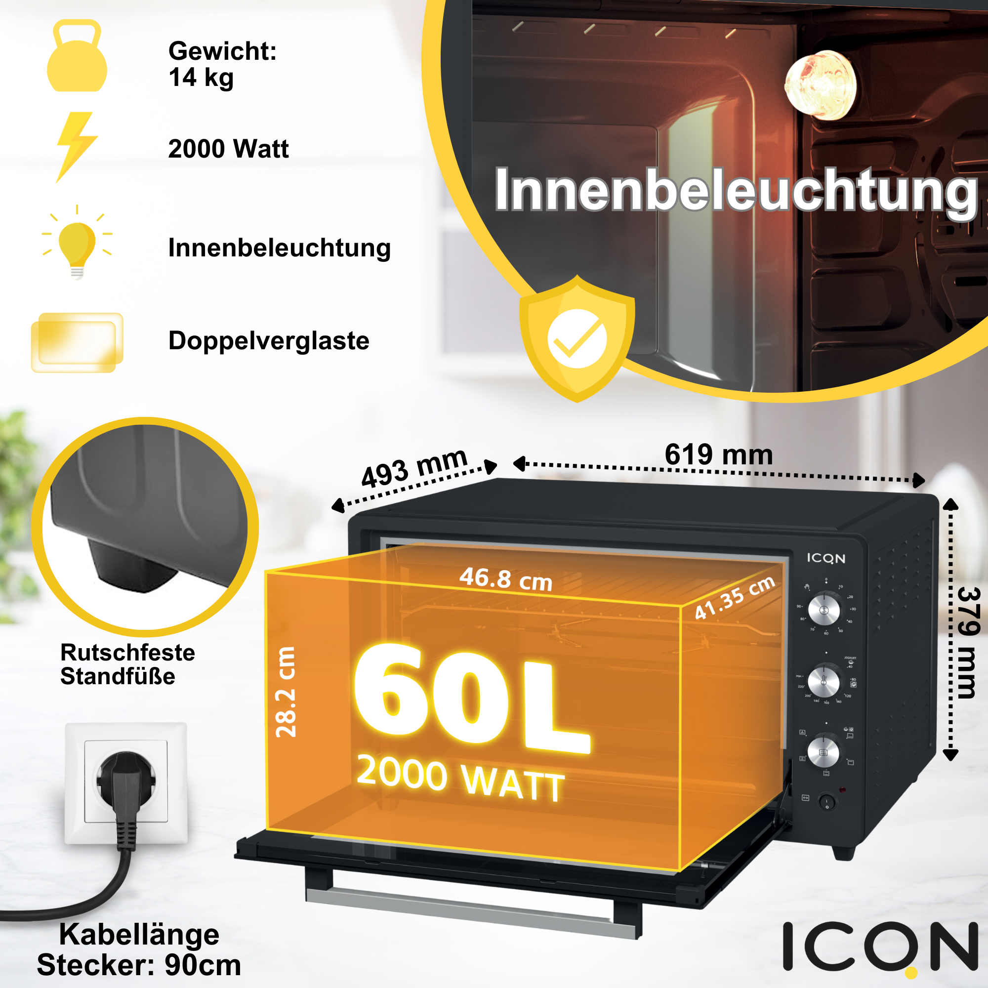 ICQN Timer Minibackofen Mini-Backofen, W, XXL 40°-230°C, 2000 60 Anthrazit Liter 90 Innenbeleuchtung, min. Umluft,