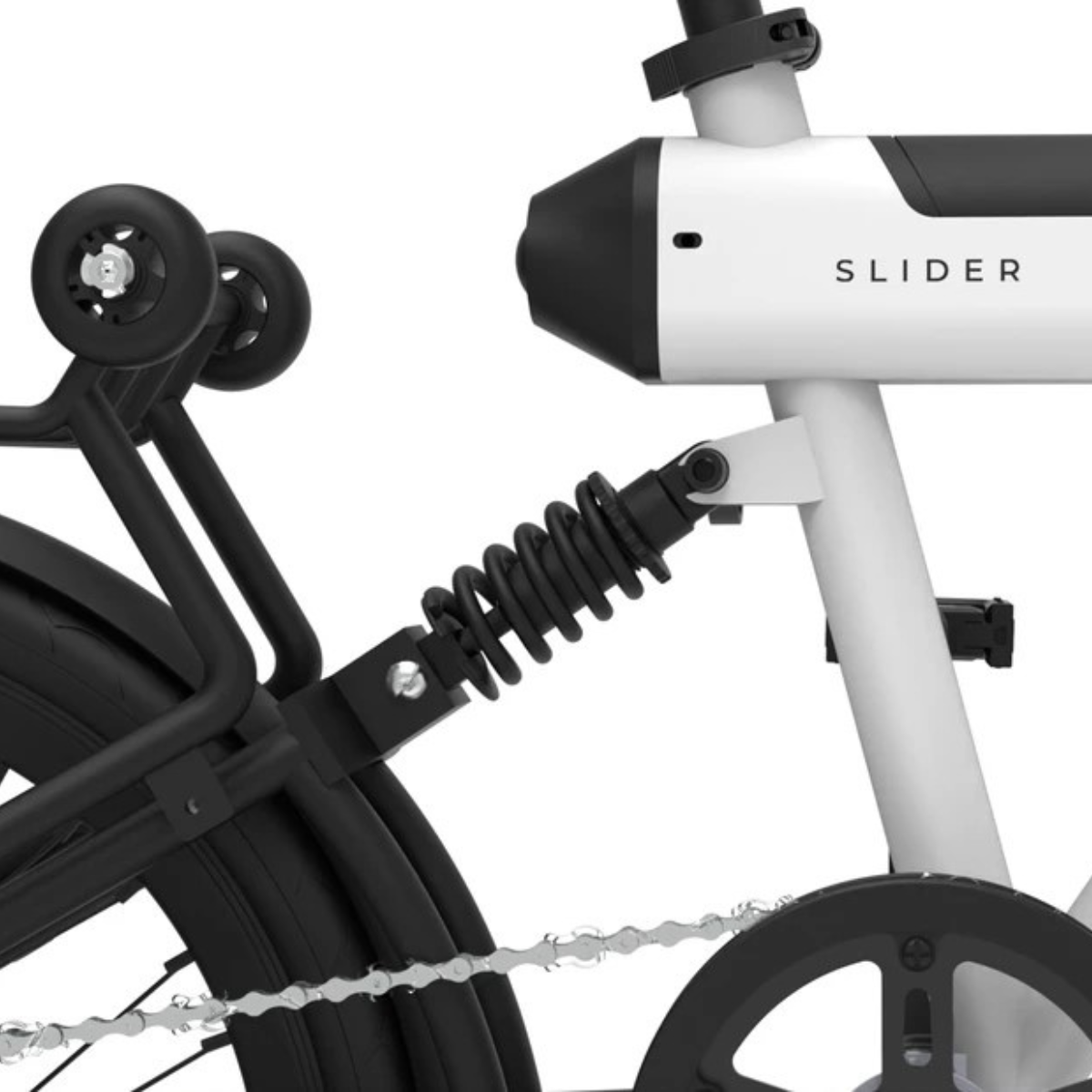 Nahaufnahme der Federung und des Rahmens eines Fahrrads. Das Fahrrad ist weiß und schwarz.