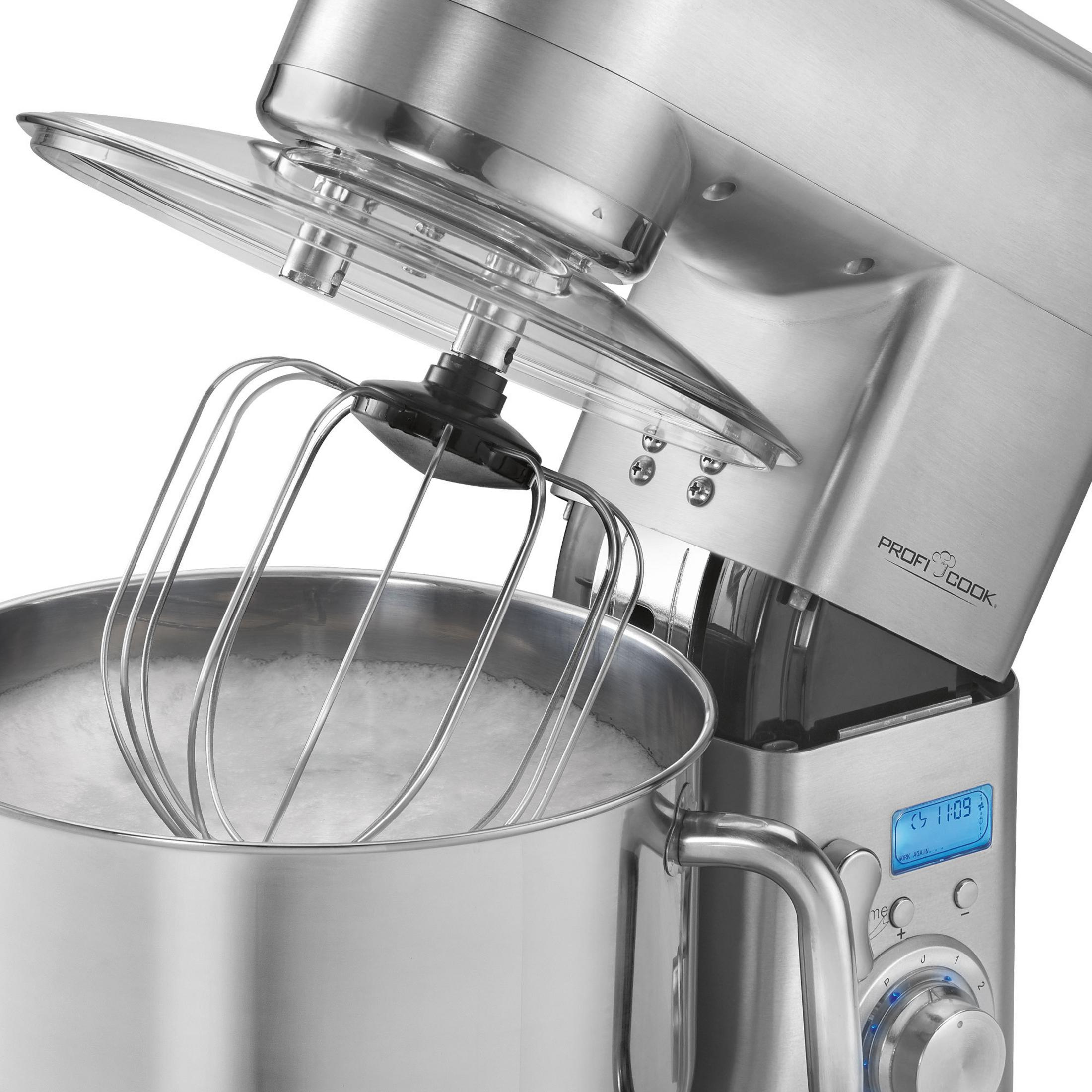 Srebrny mikser stojący z misą i końcówką do ubijania.