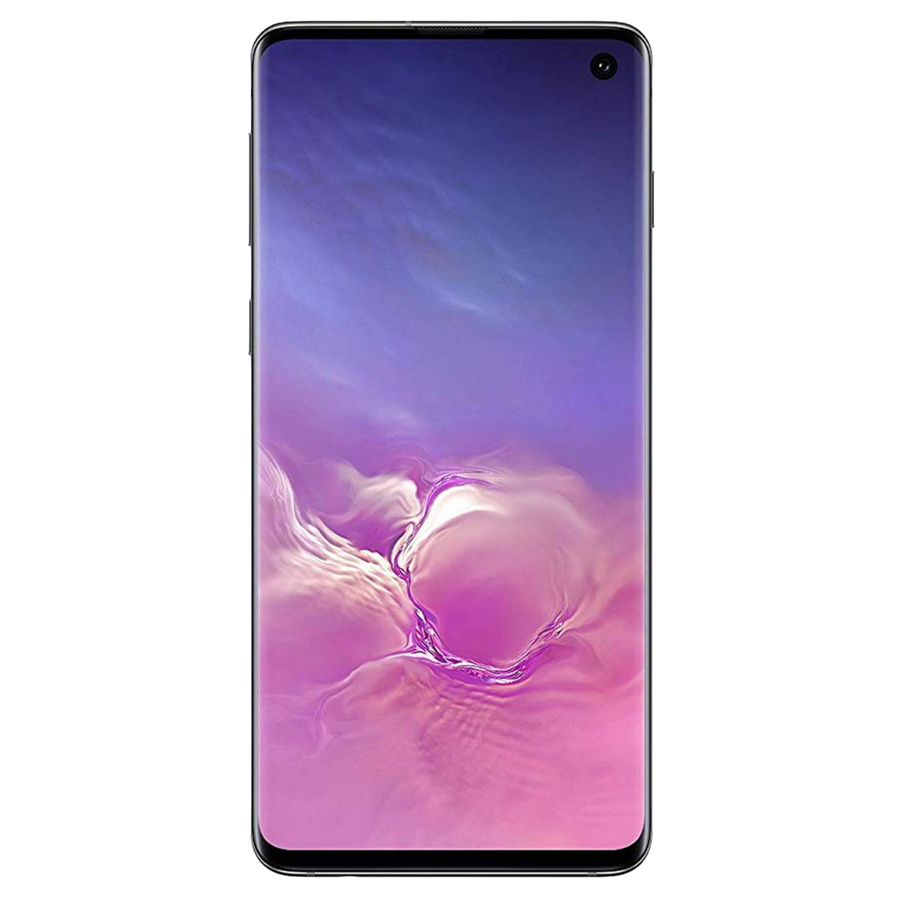 Ein schwarzes Smartphone mit einem lila-blauen Farbverlauf-Bildschirm, isoliert auf schwarzem Hintergrund.