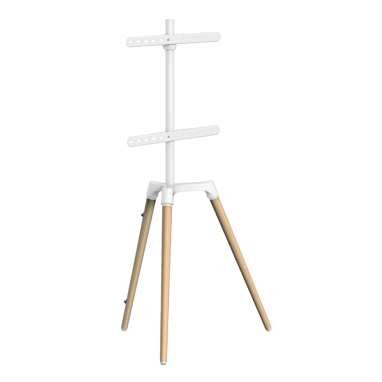 Weiße Staffelei mit Holzbeinen. Die Staffelei hat horizontale Balken.
