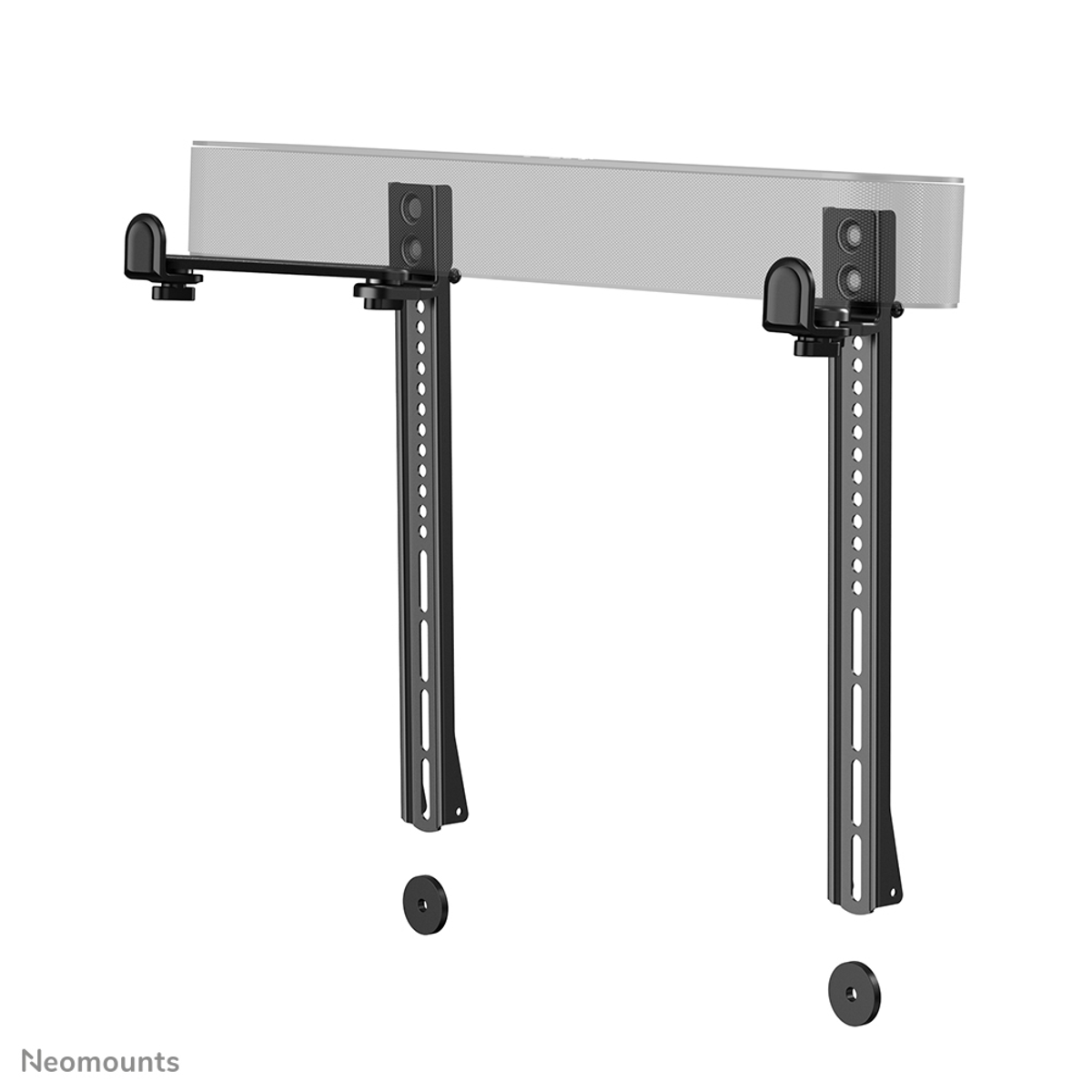 Schwarze Soundbar-Halterungen mit zwei verstellbaren Armen zur Lautsprecherunterstützung.