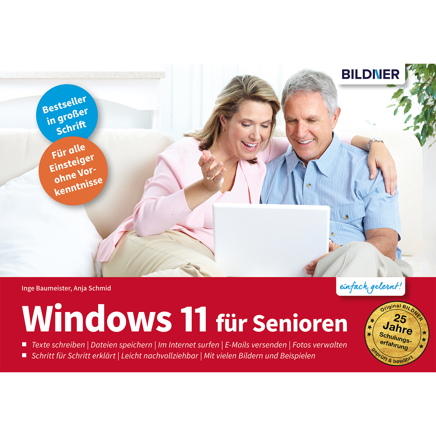 Ein Buchcover mit einem Paar, das einen Laptop benutzt, und deutschem Text über Windows 11 für Senioren.