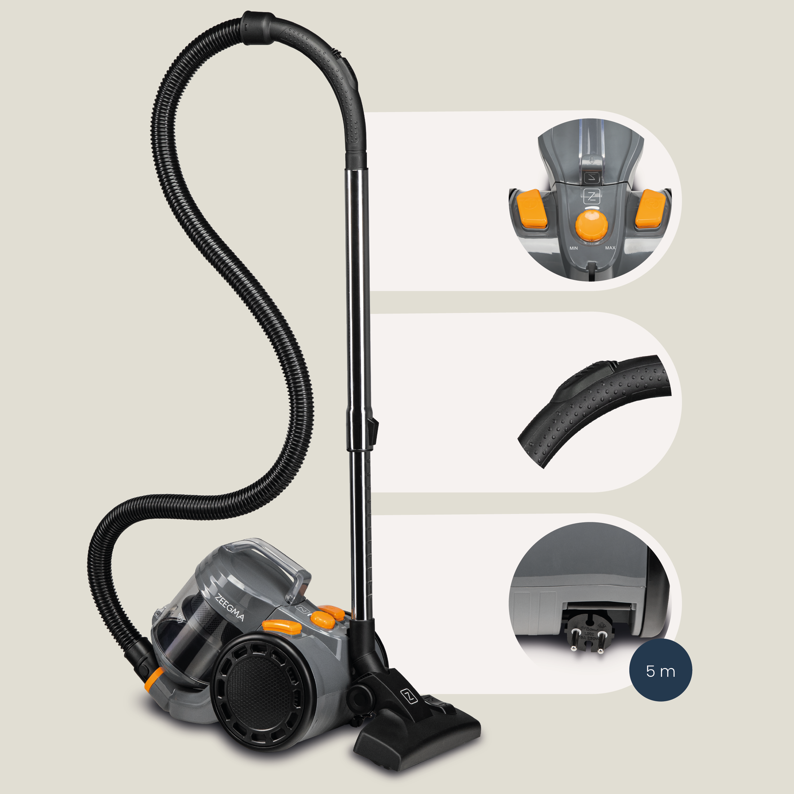 Ein grauer Staubsauger mit orangefarbenen Akzenten. Details von Griff, Düse und Netzkabel sind gezeigt.