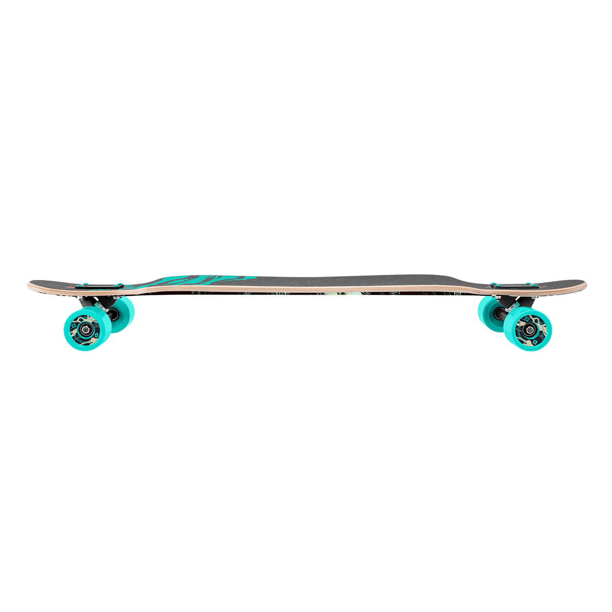 Uno skateboard longboard con tavola nera e ruote turchesi è esposto su sfondo bianco.