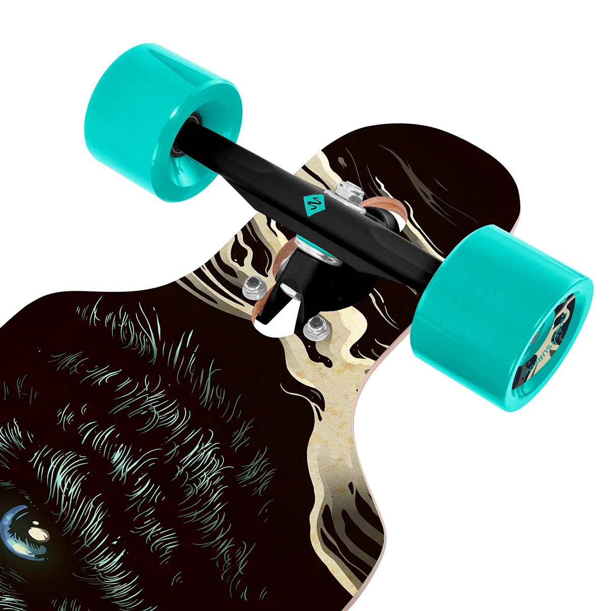 Un longboard con ruote turchesi e truck neri. La tavola ha un design scuro con un occhio stilizzato e segni simili a pelliccia.
