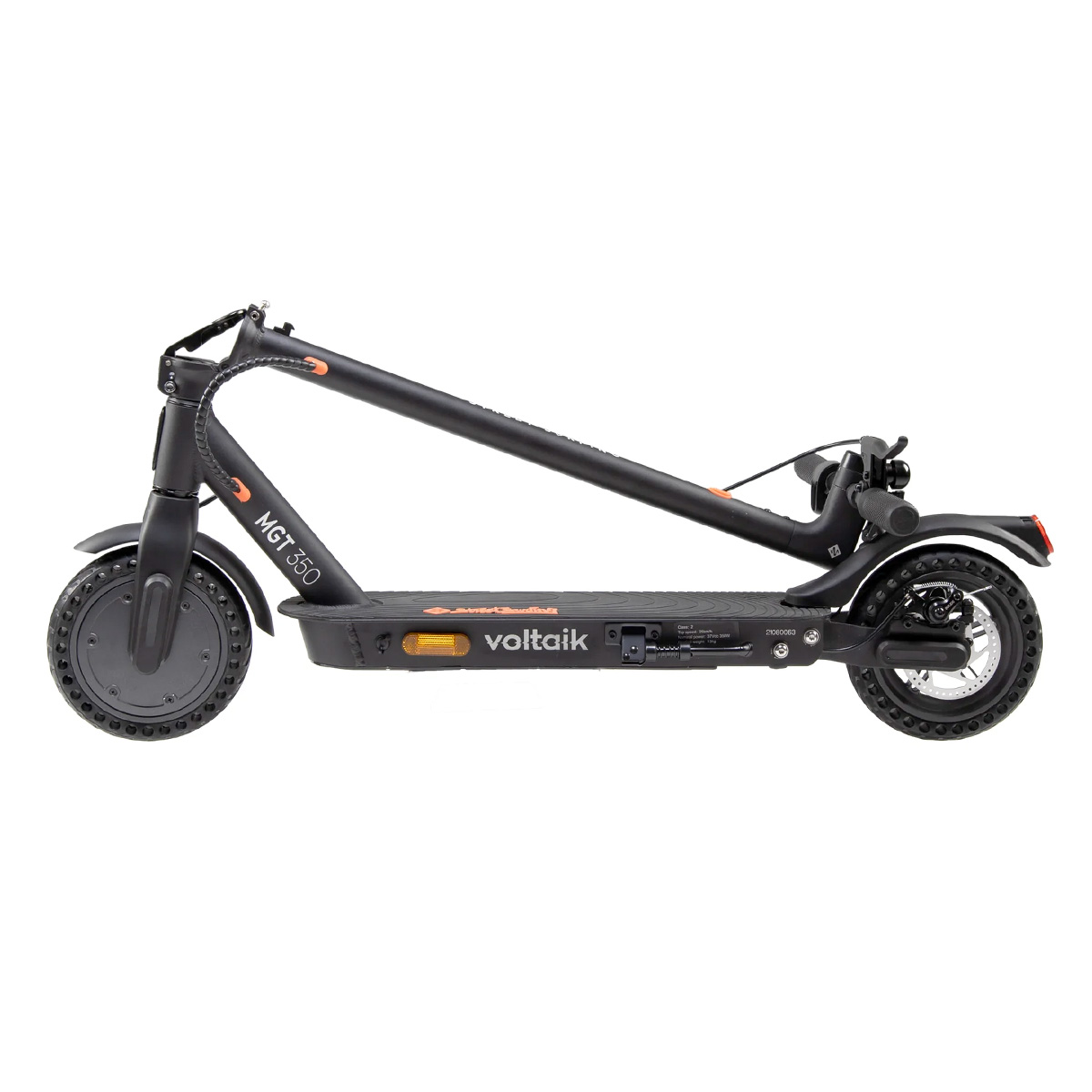 Monopattino elettrico nero Voltaik MGT 350 piegato, vista laterale, sfondo bianco.