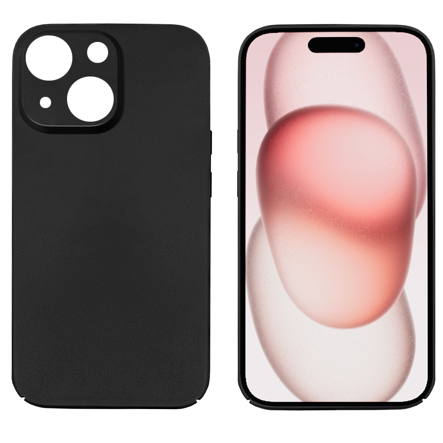 Zwei Handyhüllen: Eine schwarze Hülle und ein Handy mit einem rosa und weißen abstrakten Hintergrund.
