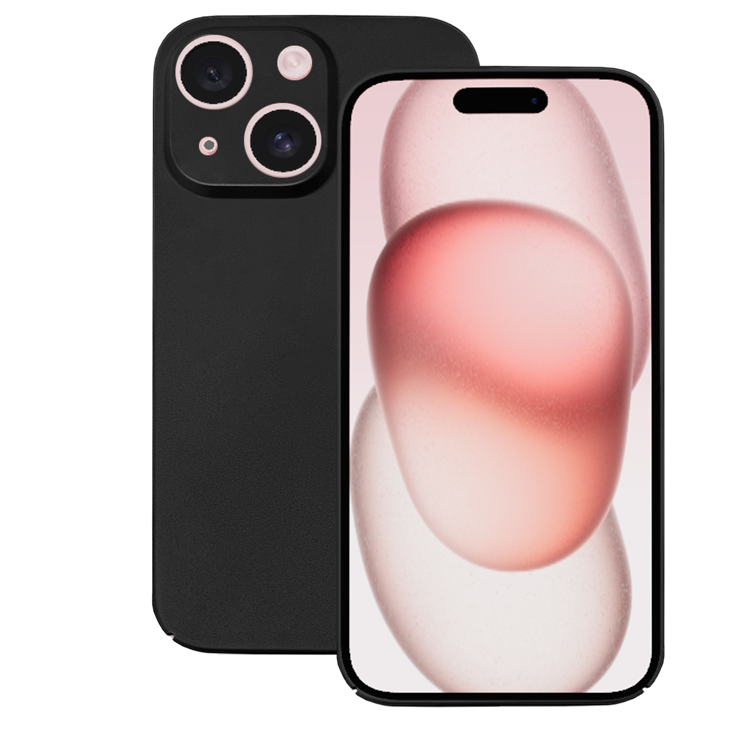 Schwarzes Smartphone mit drei Kameras auf weißem Hintergrund. Bildschirm zeigt rosa, verschwommene Formen. Handyhülle sichtbar.