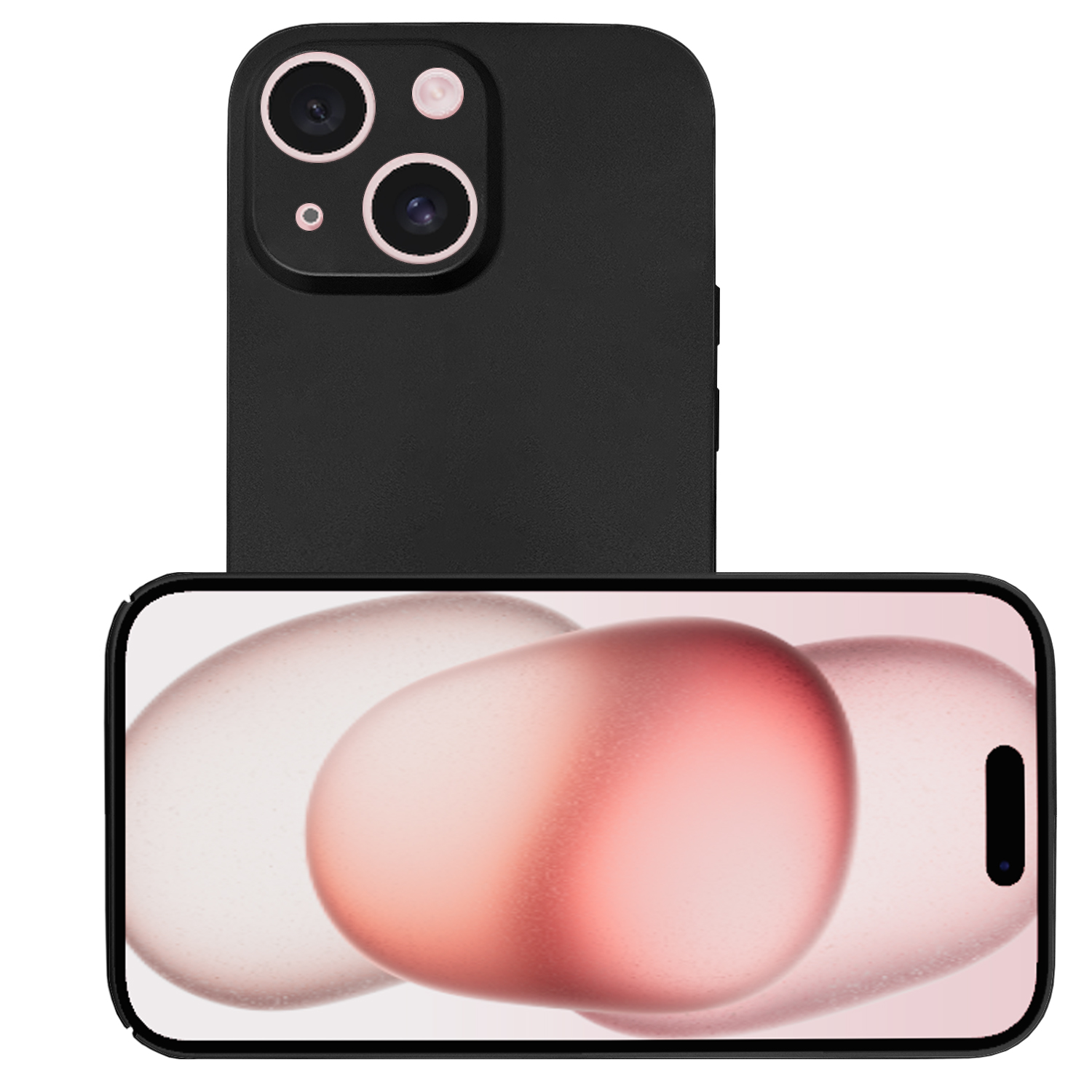 Schwarzes Smartphone mit zwei Kameras und Bildschirm mit abstrakten rosa und weißen Formen.