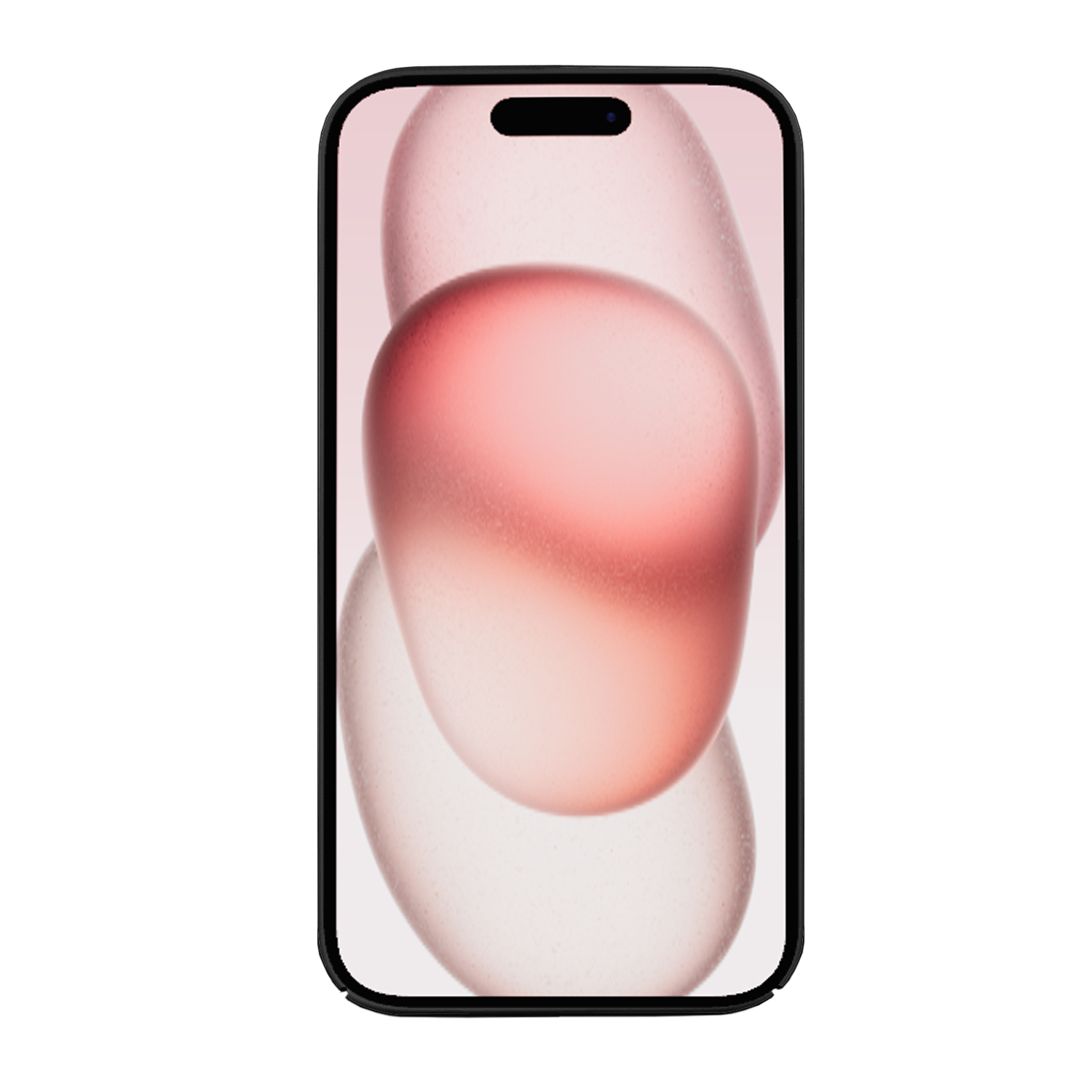 Ein Smartphone mit schwarzem Rahmen, das abstrakte rosa und weiße Formen anzeigt.