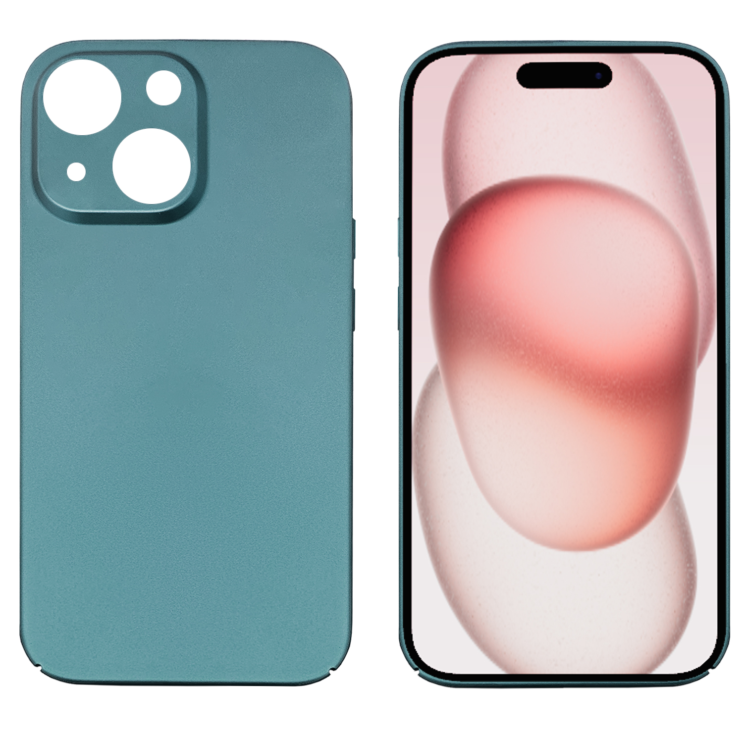 Türkisfarbene Handyhülle und ein Telefon mit rosa-weißem, abstraktem Design auf dem Bildschirm.