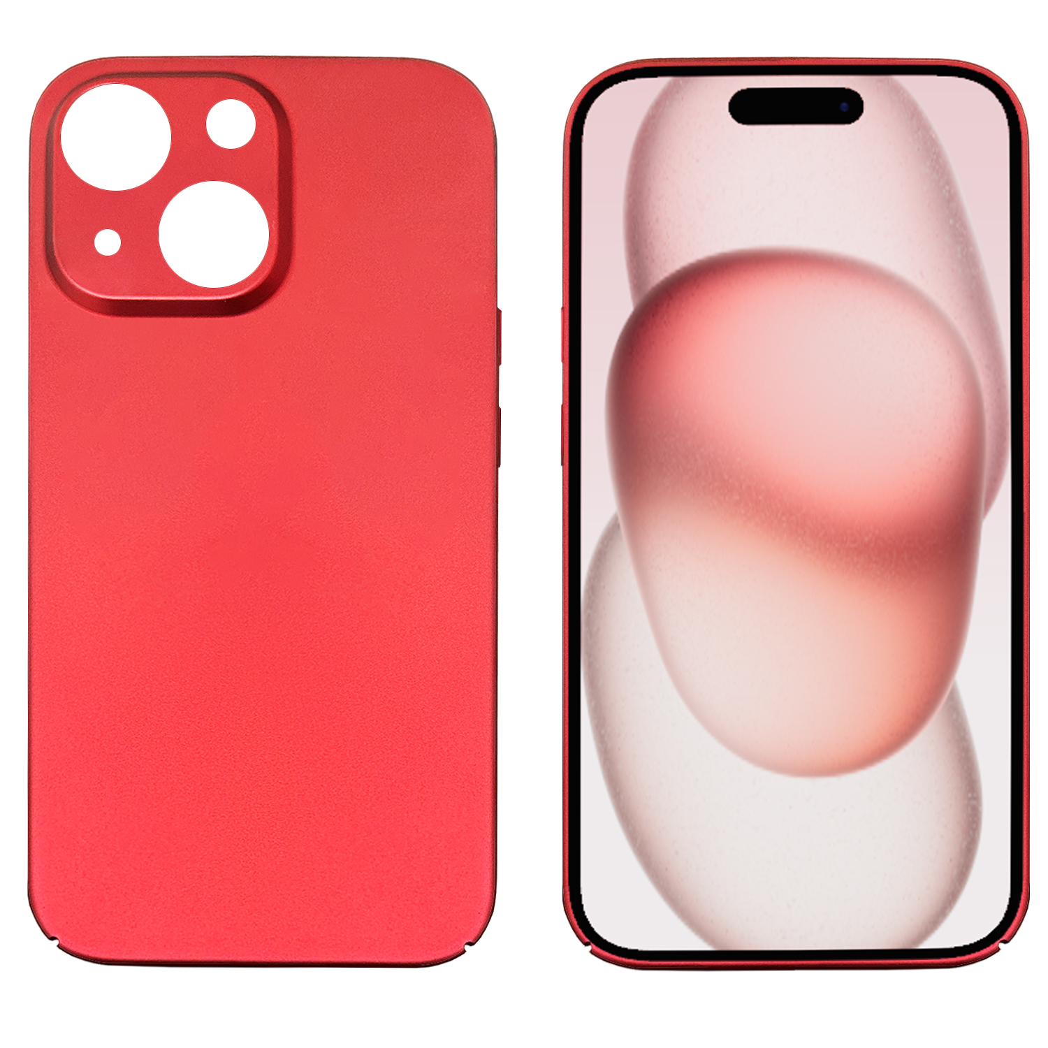 Rote Handyhülle neben einem Telefon mit rotem Rahmen und verschwommenem rosa Hintergrund.