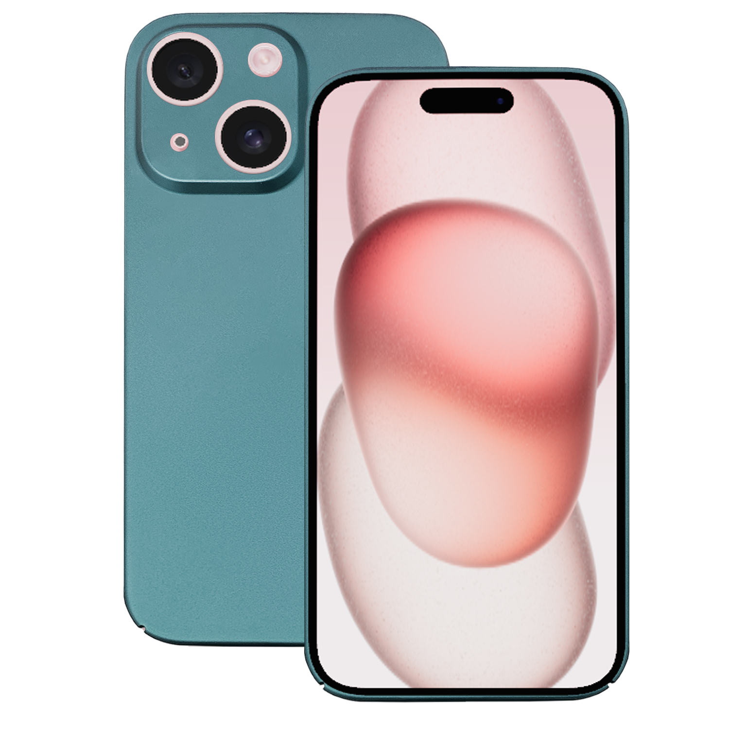 Smartphone zeigt Vorder- und Rückseite. Türkis. Kameralinsen auf der Rückseite. Display zeigt pinken Hintergrund.