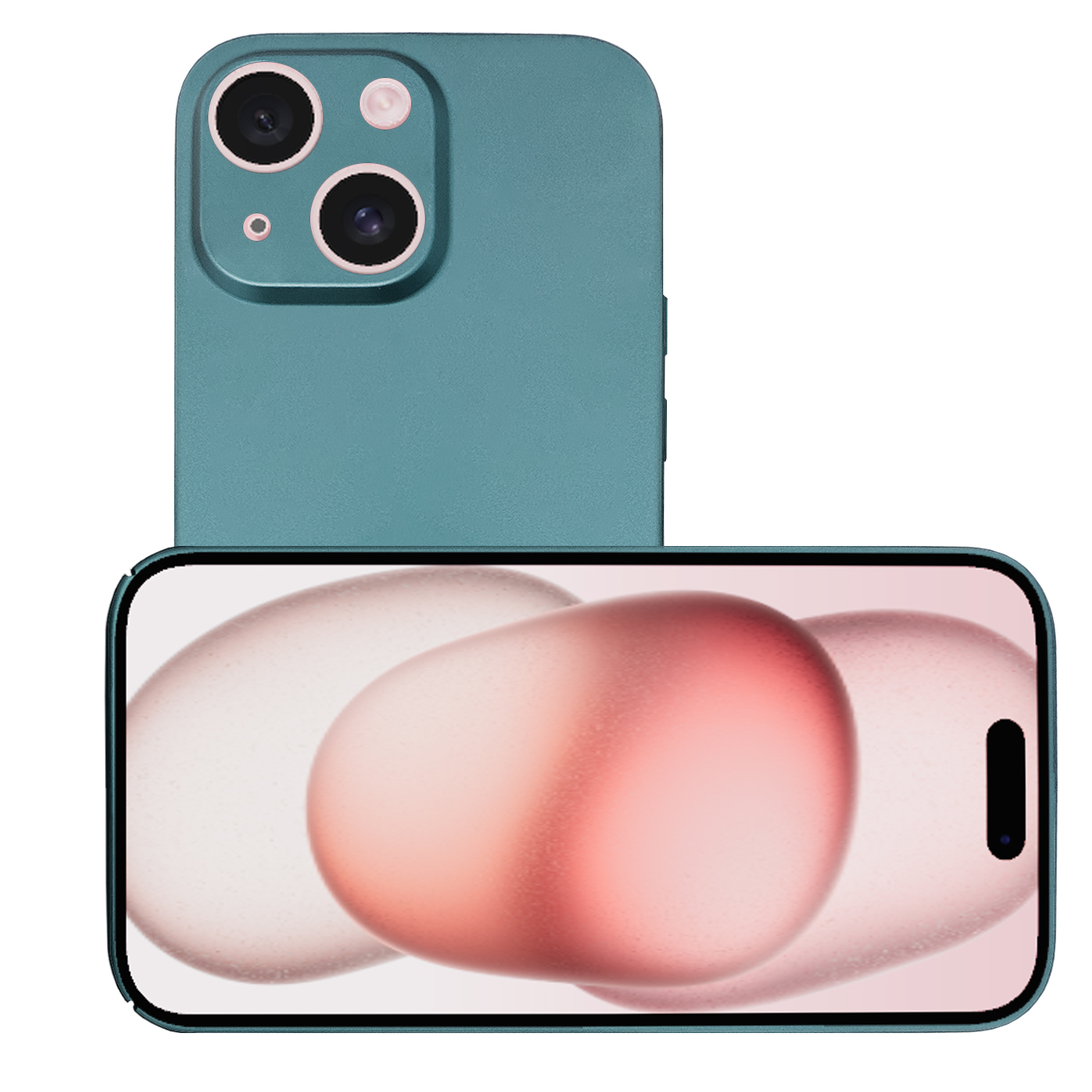 Türkisfarbenes Telefon mit drei Kameras, Vorderansicht zeigt Bildschirm mit rosa Farbverlauf.