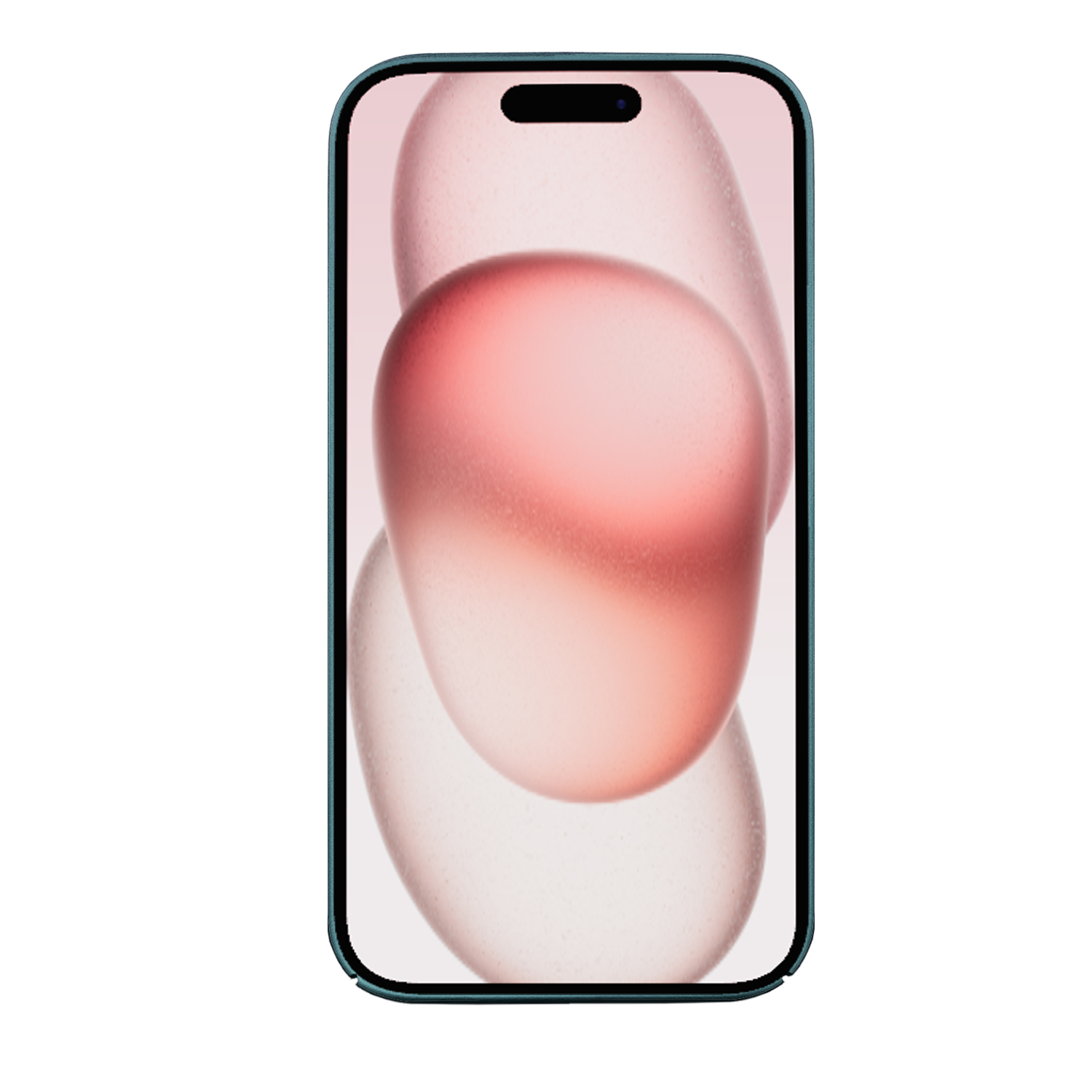 Türkisfarbenes Smartphone mit Bildschirm, der ein abstraktes rosa-weißes Design zeigt.