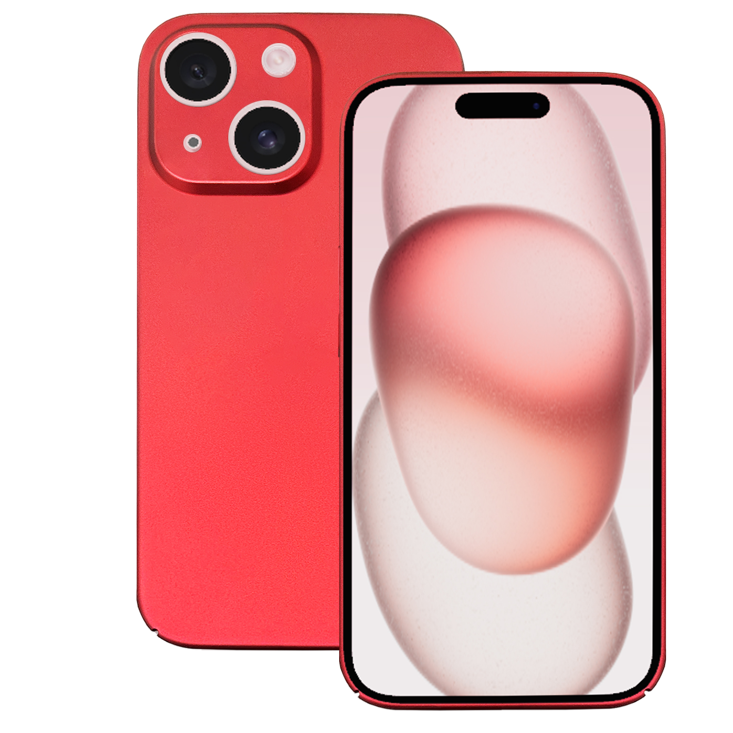 Rotes Smartphone mit weißem und rosa abstraktem Bild, Rück- und Vorderansicht.