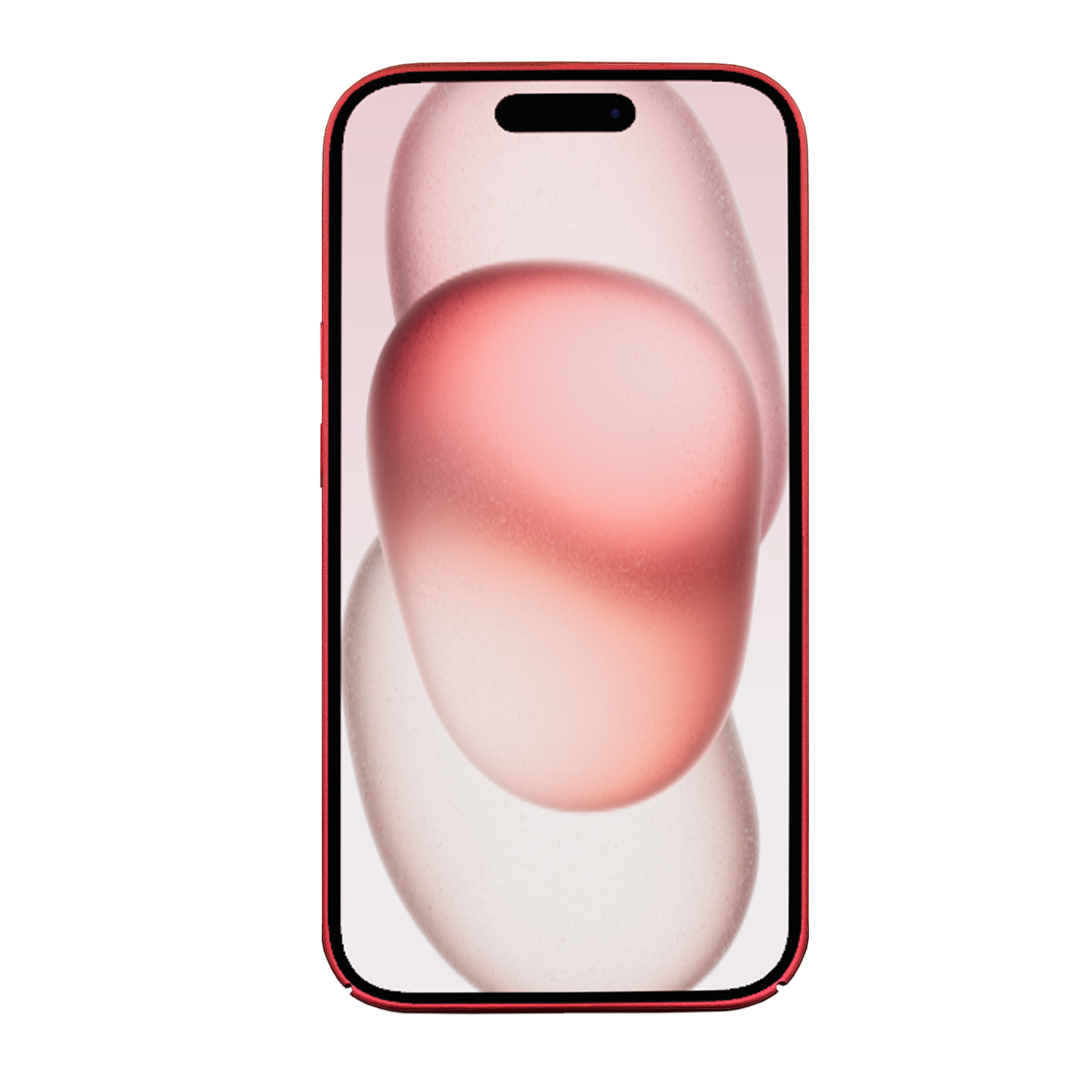 Rotes Telefon mit einem Bildschirm, der abstrakte Formen in Rosa und Weiß anzeigt.