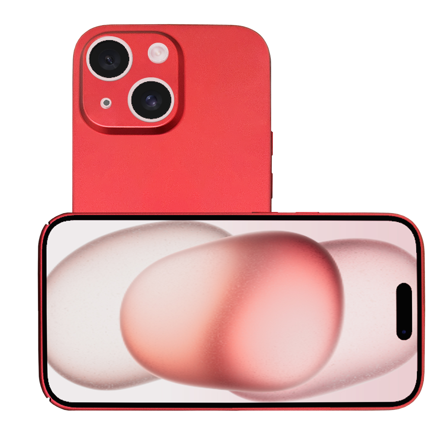 Smartphone mit roter Rückseite und Display, das abstrakte rosa und weiße Formen zeigt.