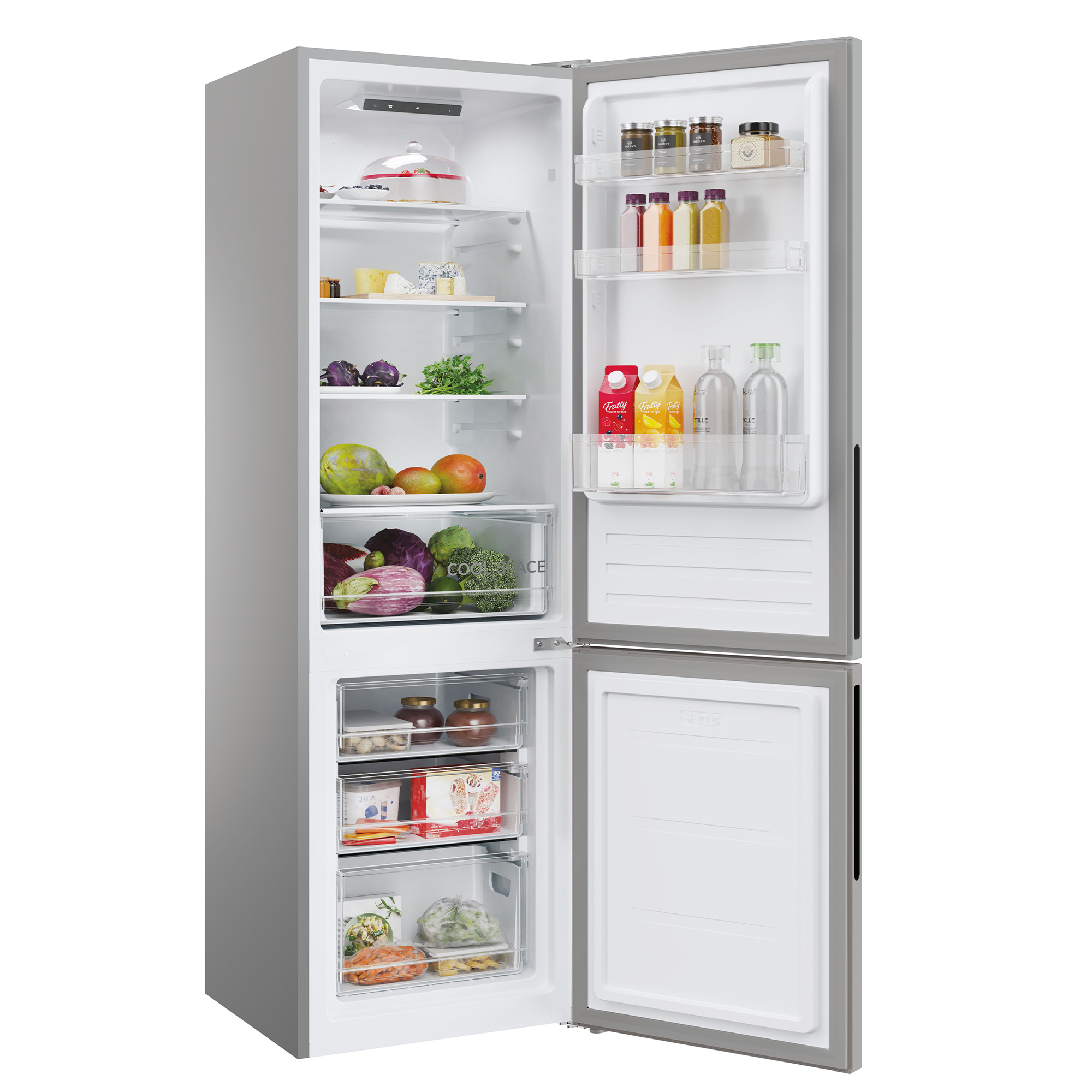 Un frigorífico-congelador plateado, puertas abiertas, revelando estantes con alimentos. Interior blanco, exterior gris.