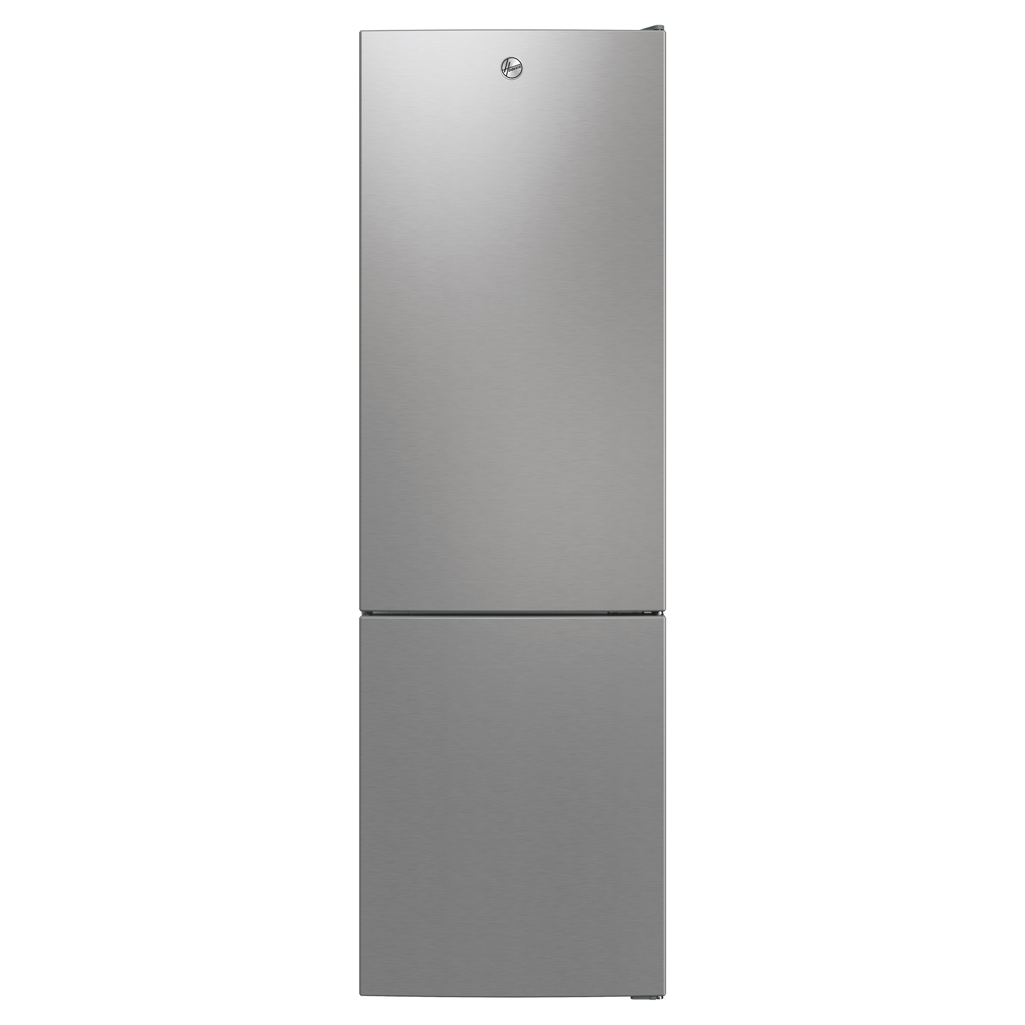 Un refrigerador plateado con diseño de dos puertas. La puerta superior es más grande que la inferior.