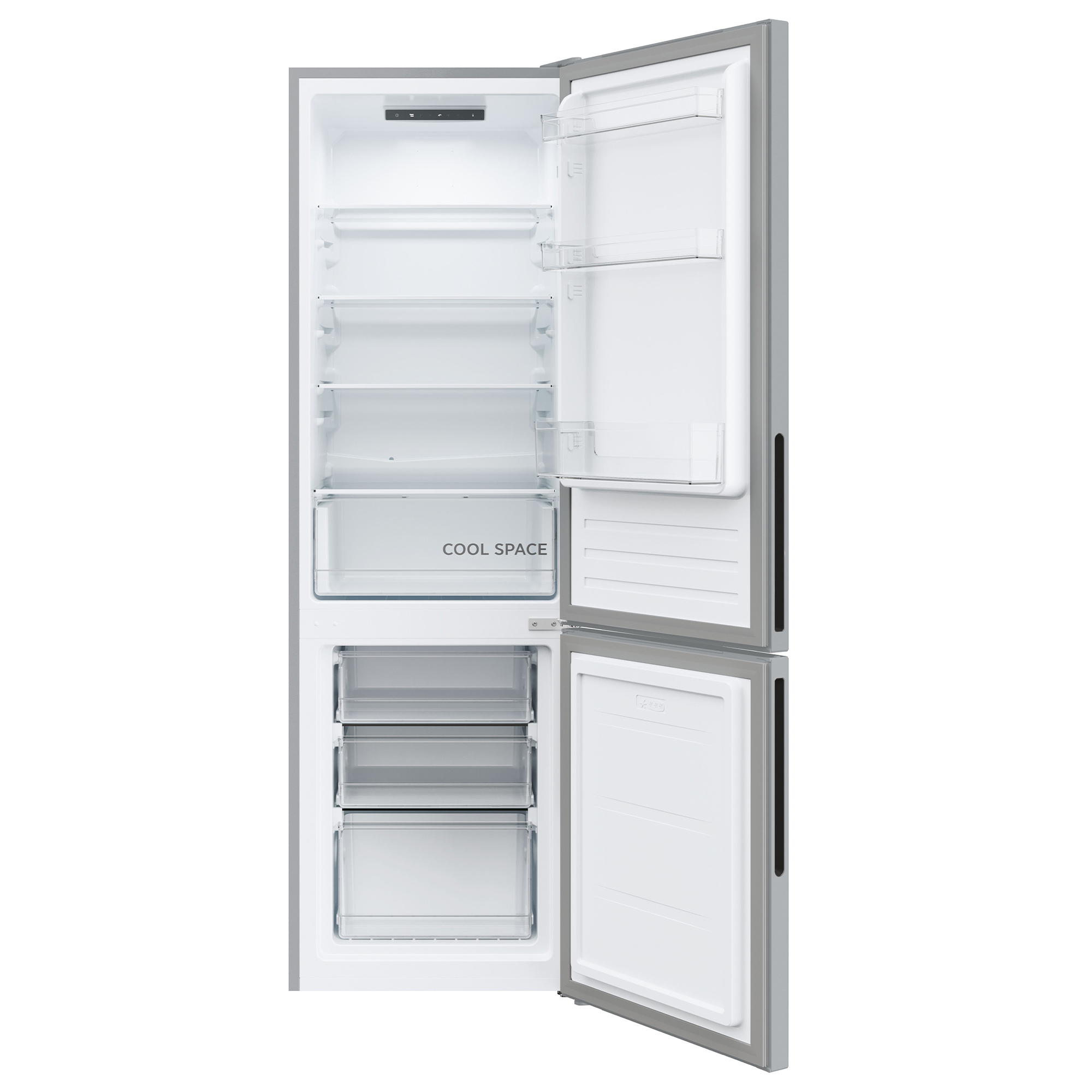 Refrigerador abierto con estantes, cajones y texto 'COOL SPACE'. Marco plateado, interior blanco, vacío.