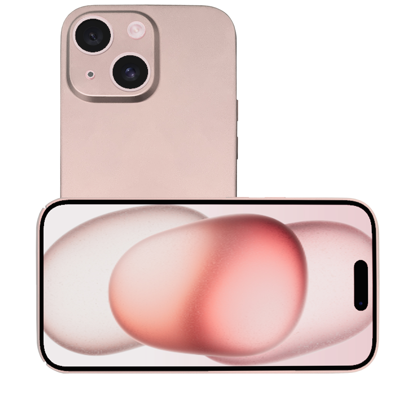 Rosa Telefon mit Kameras und Bildschirm mit verschwommenen Formen. Weißer Hintergrund.