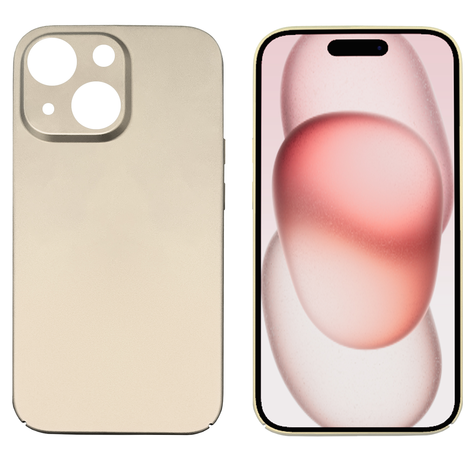 Zwei Handys, eines in einer Hülle und eines mit einem Bildschirm, der ein rosa, abstraktes Bild zeigt.