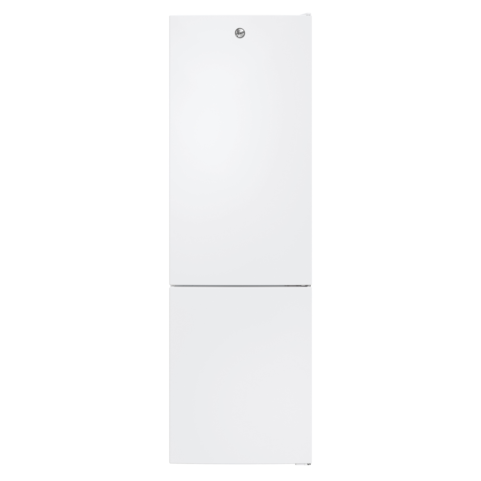 Frigorifero bianco a due porte. La porta superiore è più lunga e ha un logo. La porta inferiore è più corta. Sfondo bianco.