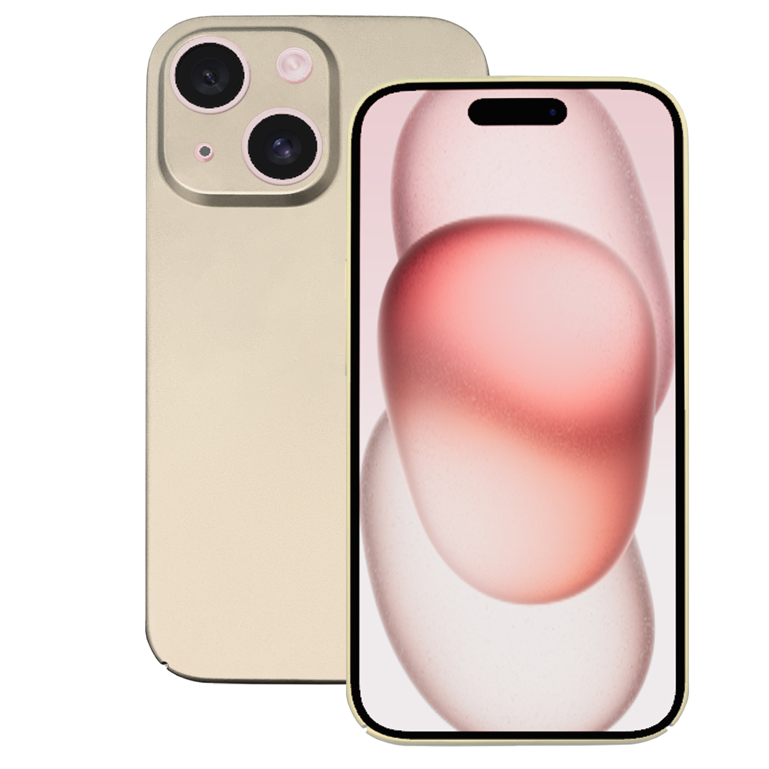 Goldenes Telefon mit zwei Kameras, das ein abstraktes rosa-rotes Design zeigt.