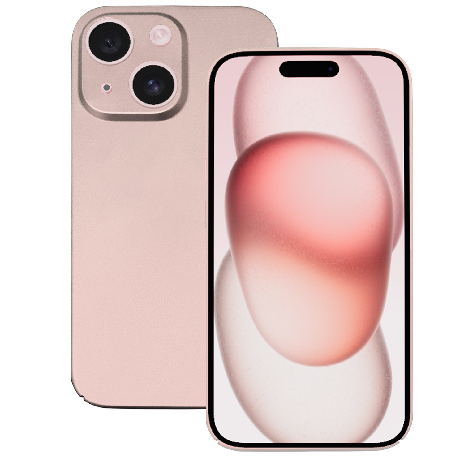 Roségoldenes Telefon. Kamera und Rückseite des Telefons gezeigt. Bildschirm zeigt abstrakte rosa und weiße Formen.