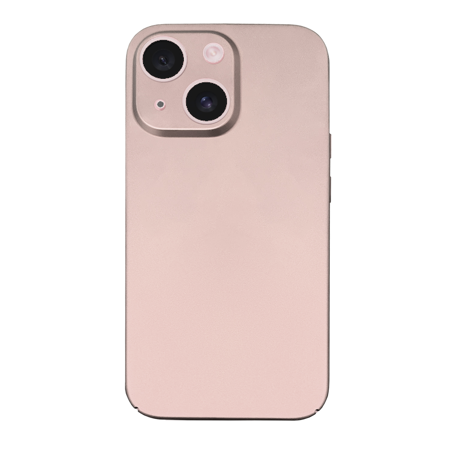 Eine roségoldfarbene Handyhülle. Die Hülle hat zwei Kameralinsen und einen Blitz auf der Rückseite.