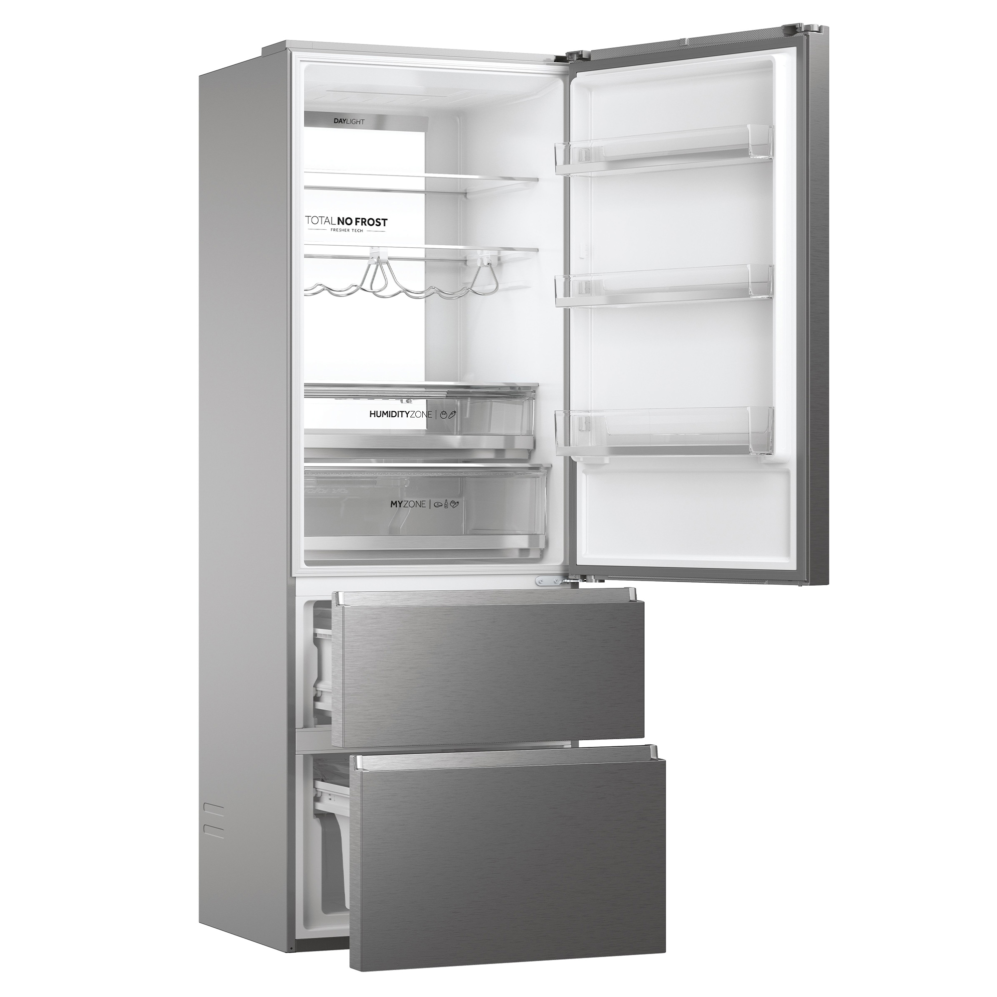 Un refrigerador abierto con cajones y estantes. Contiene frutas, bebidas, vino y otros alimentos.