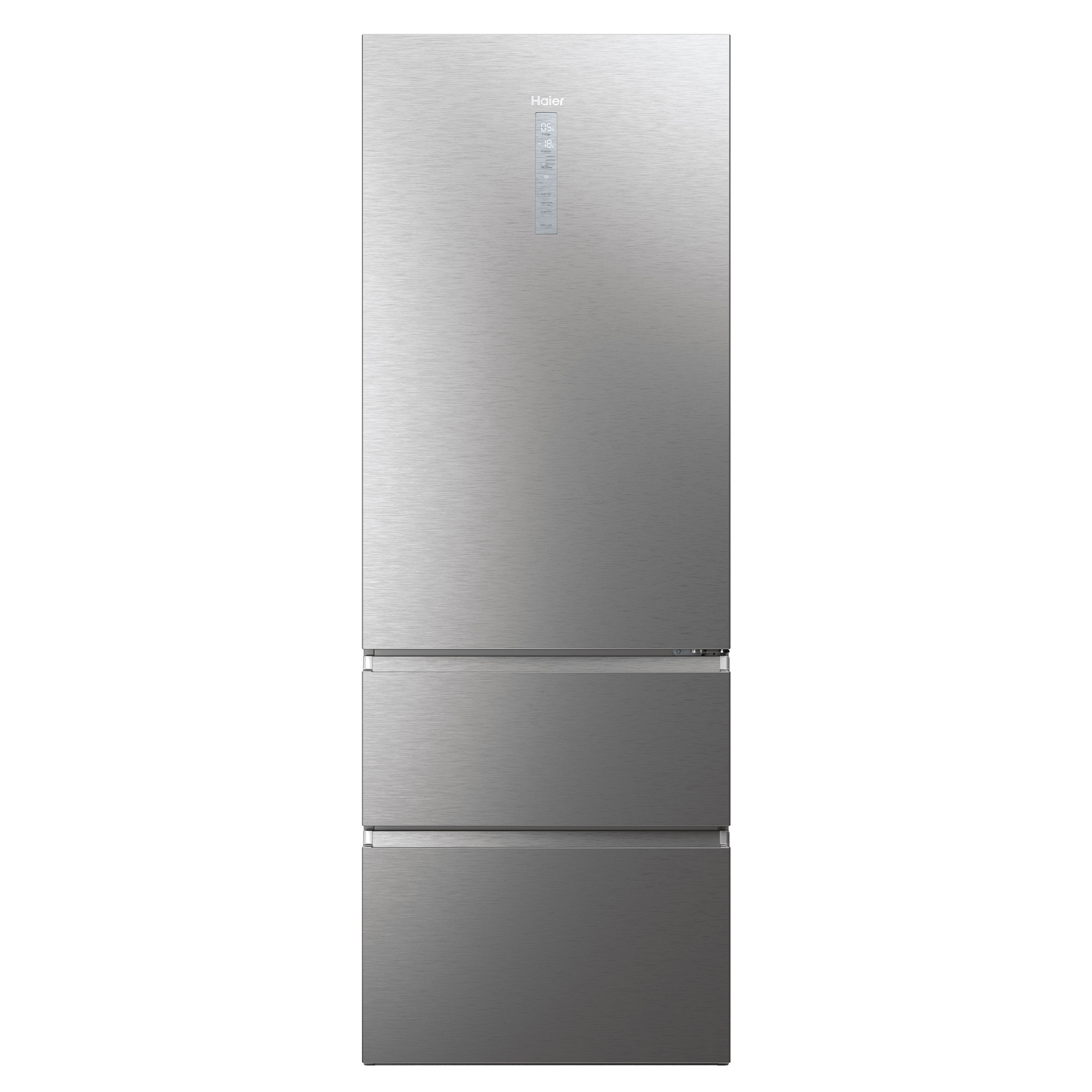 Refrigerador Haier plateado con dos cajones inferiores y un panel de visualización en la parte delantera.