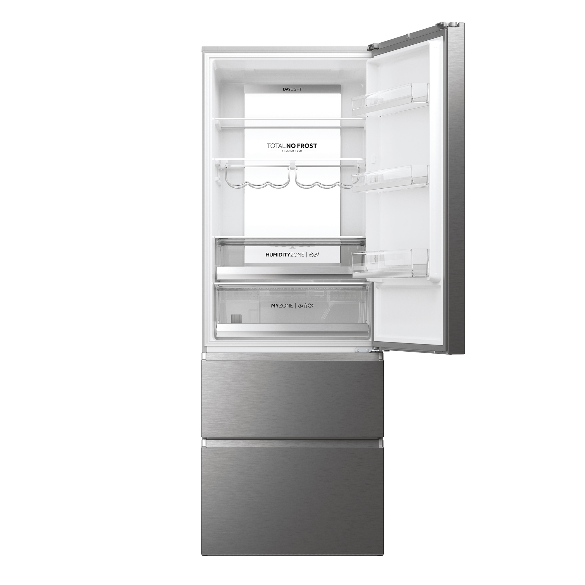 Refrigerador abierto con puertas plateadas. Estantes, cajones y botellero dentro.