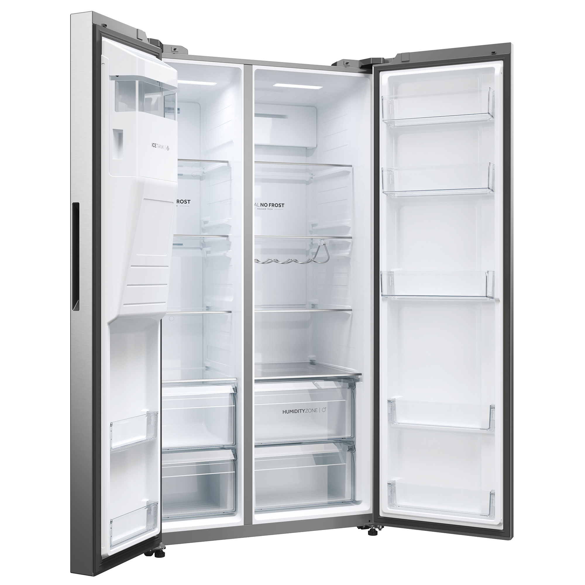 Offener Kühlschrank aus Edelstahl. Innenregale und Schubladen sind sichtbar. Weißer Hintergrund.