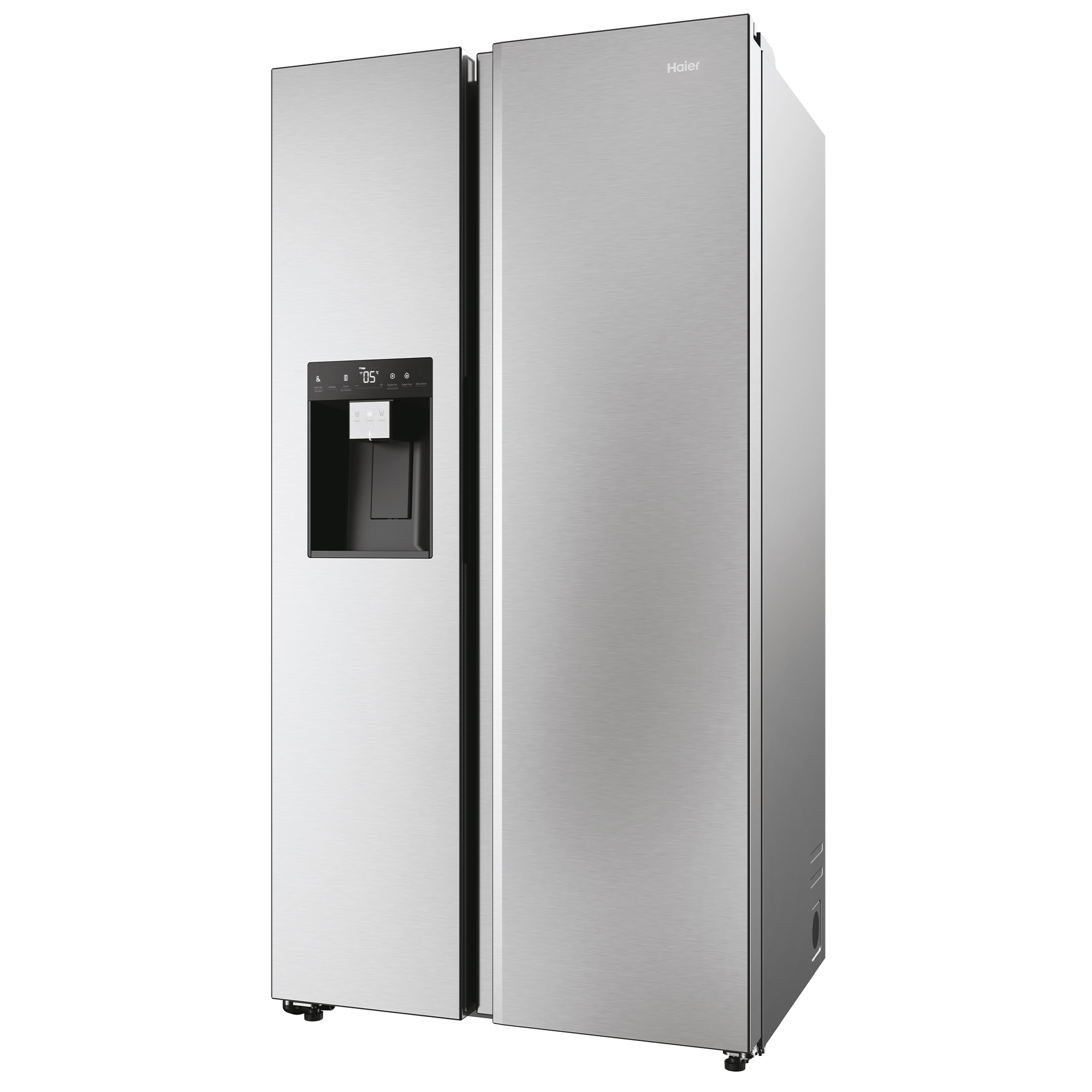 Silberner Haier Side-by-Side-Kühlschrank mit Eis-/Wasserspender an der schwarzen Tür. Das Haier-Logo ist oben.