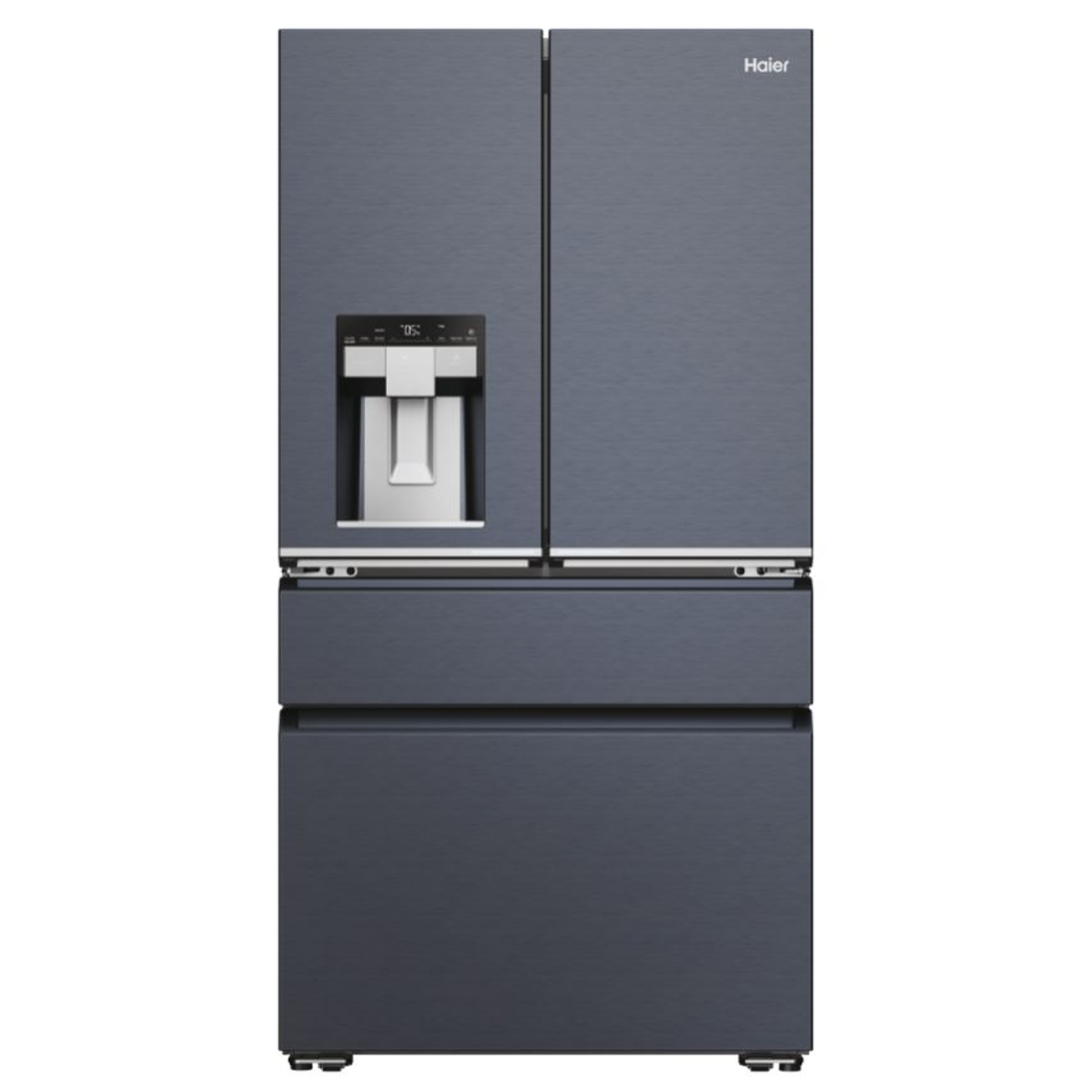 Refrigerador Haier azul oscuro con cuatro puertas y dispensador de agua. Fondo blanco.