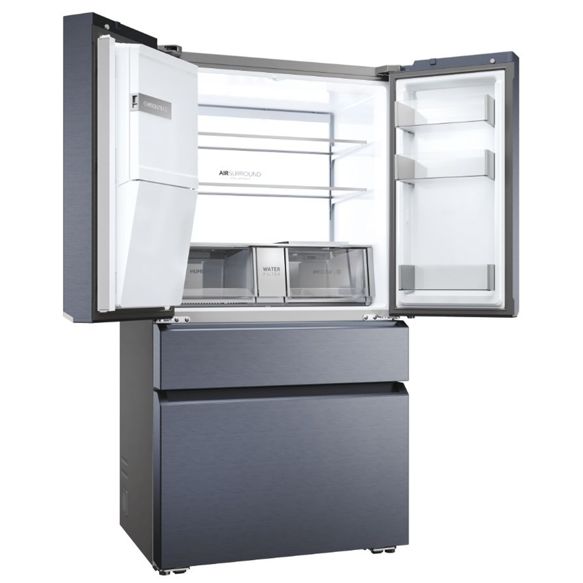 Refrigerador abierto con dos puertas. El interior tiene estantes y cajones, muestra el interior.