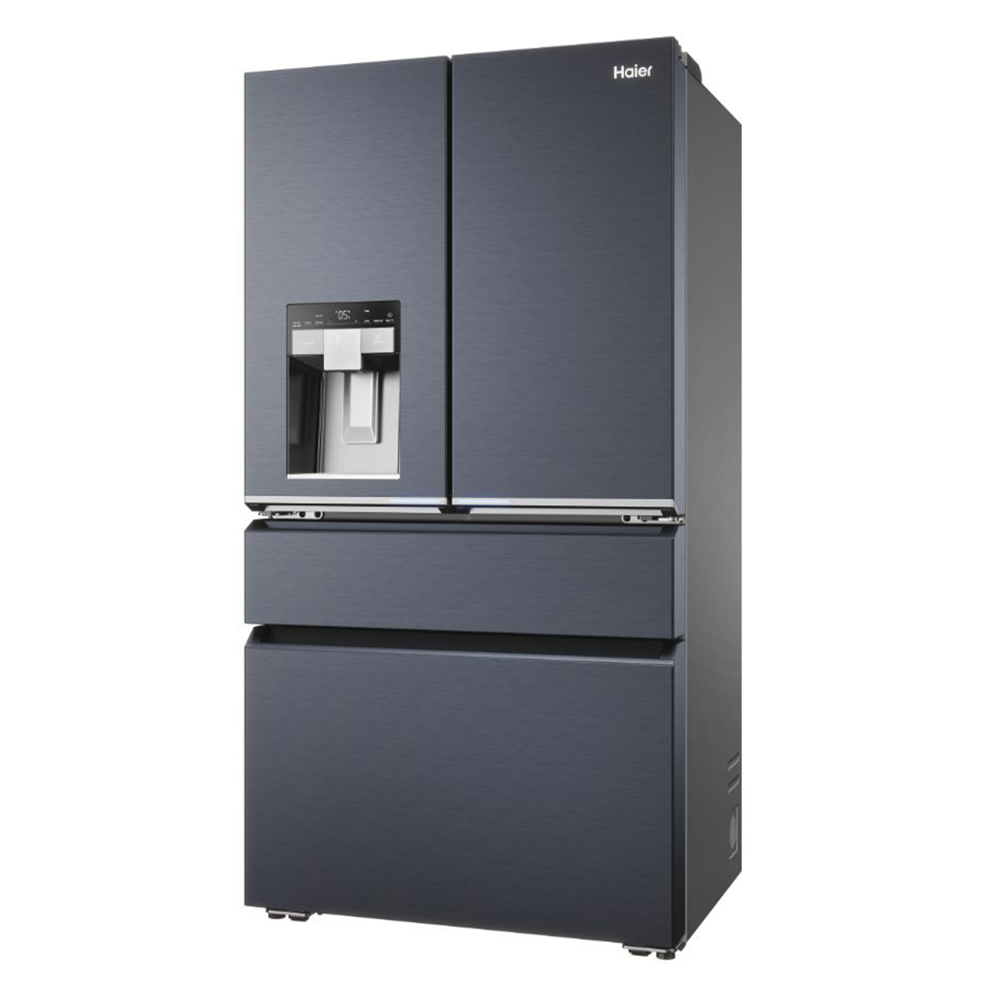 Un refrigerador Haier azul oscuro con tres puertas y un dispensador de agua.