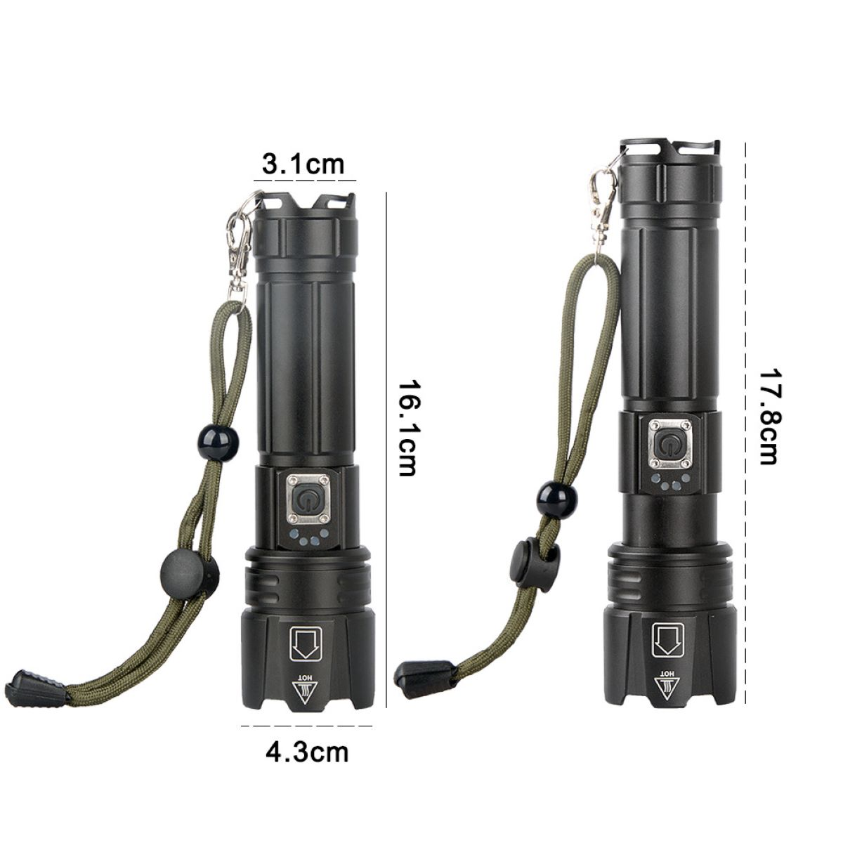 Zwei schwarze Taschenlampen mit Abmessungen. Jede hat ein Lanyard und einen Knopf. Die Taschenlampen sind vor schlichtem Hintergrund.