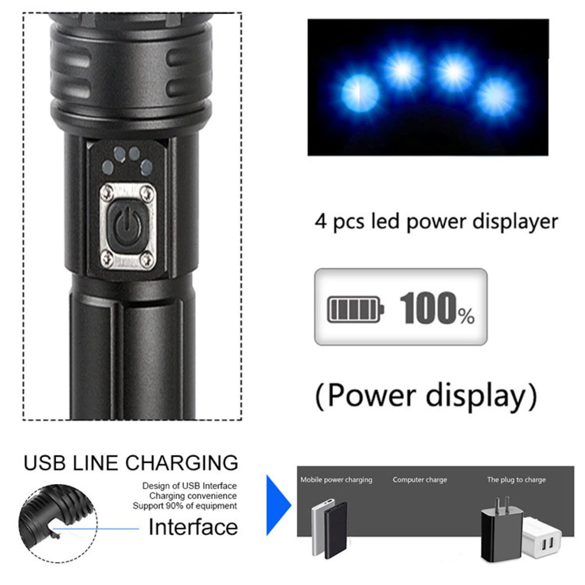 Schwarze Taschenlampe mit Ein-/Ausschalter und Batterieanzeige. USB-Ladelinie und Ladeoptionen werden angezeigt.