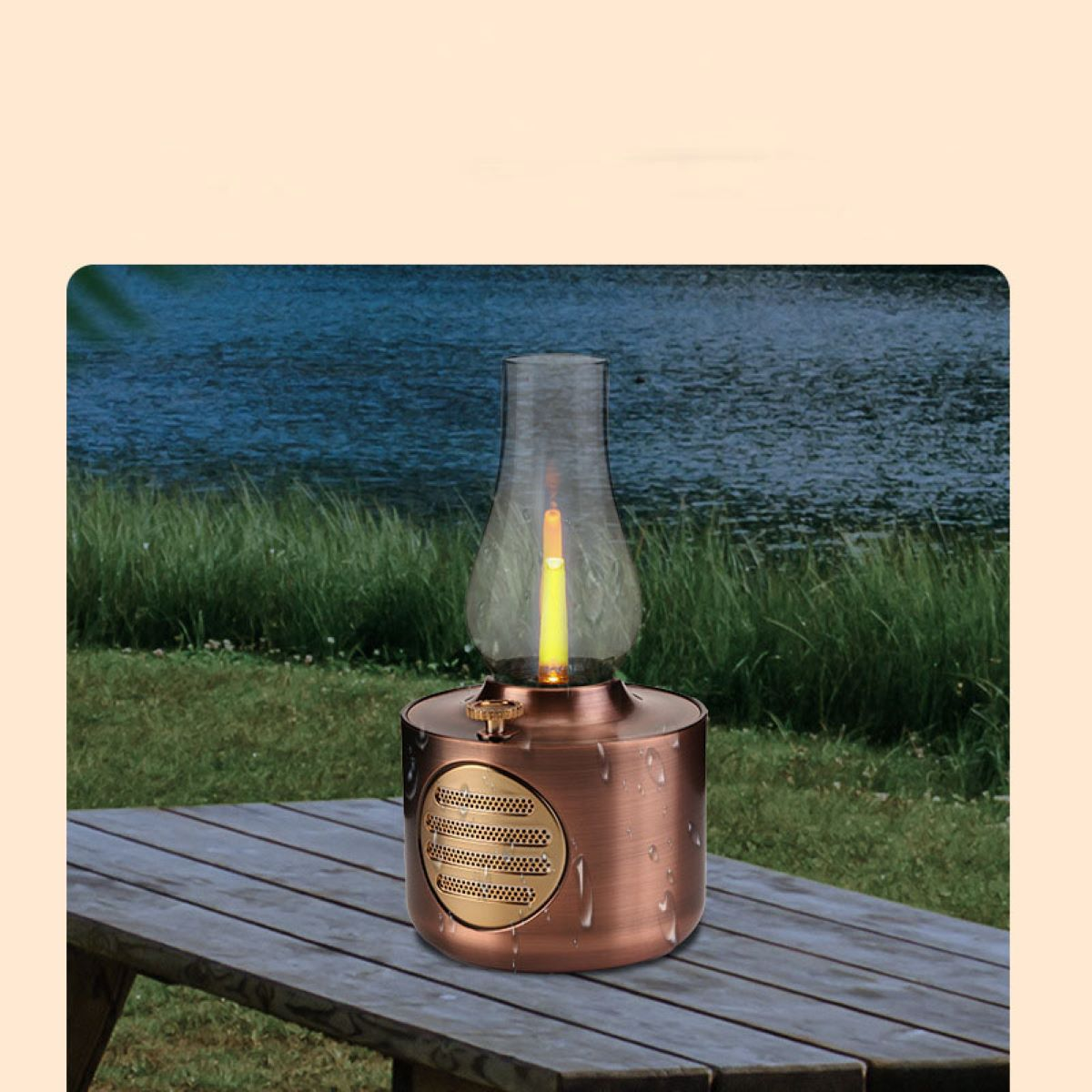 Eine Lampe im Vintage-Stil mit Kupferkörper und Glaskopf. Sie steht auf einem Holztisch in Wassernähe.