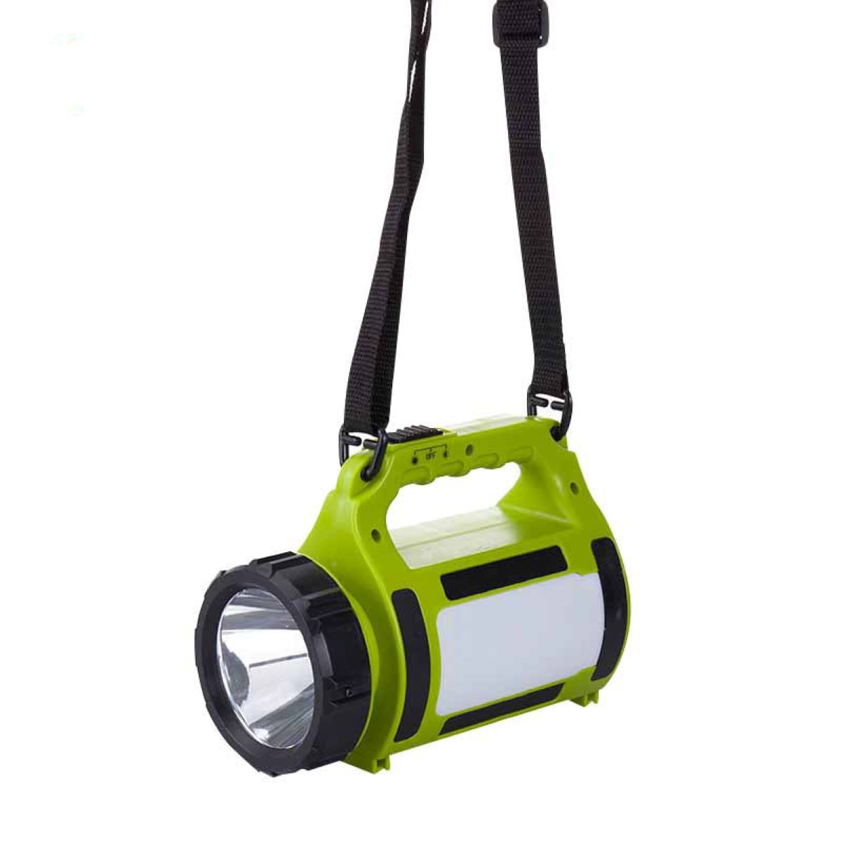 Grüne Taschenlampe mit schwarzem Gurt, weißem Lichtfeld und Ein-/Ausschaltern.