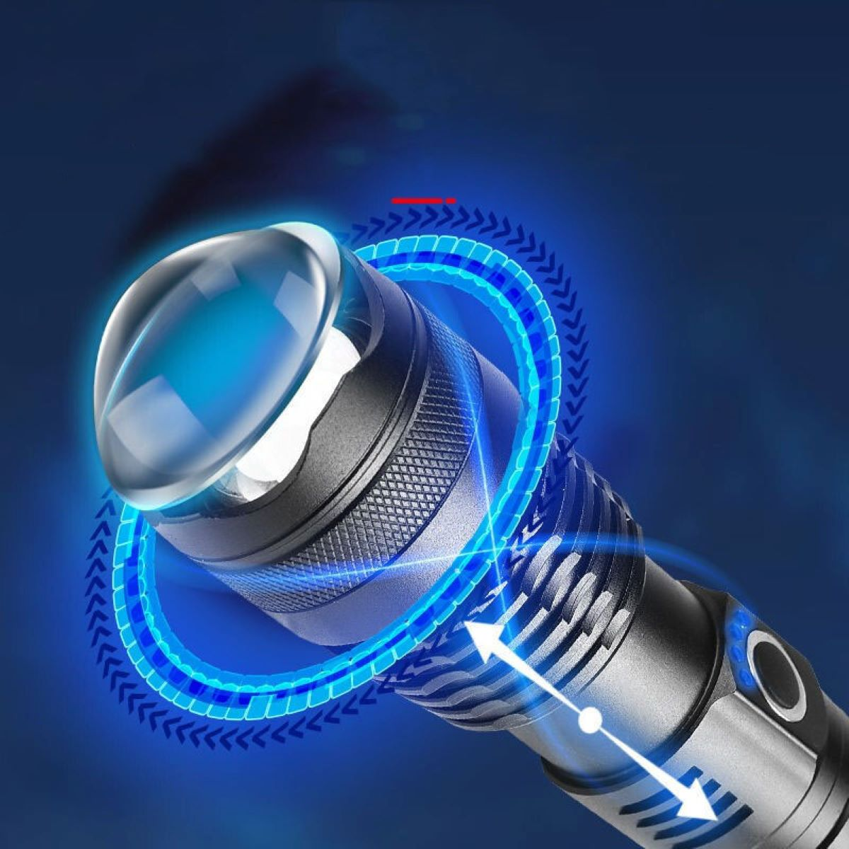 Eine Taschenlampe mit blauen Lichteffekten und Pfeilen, die den Lichtweg anzeigen.